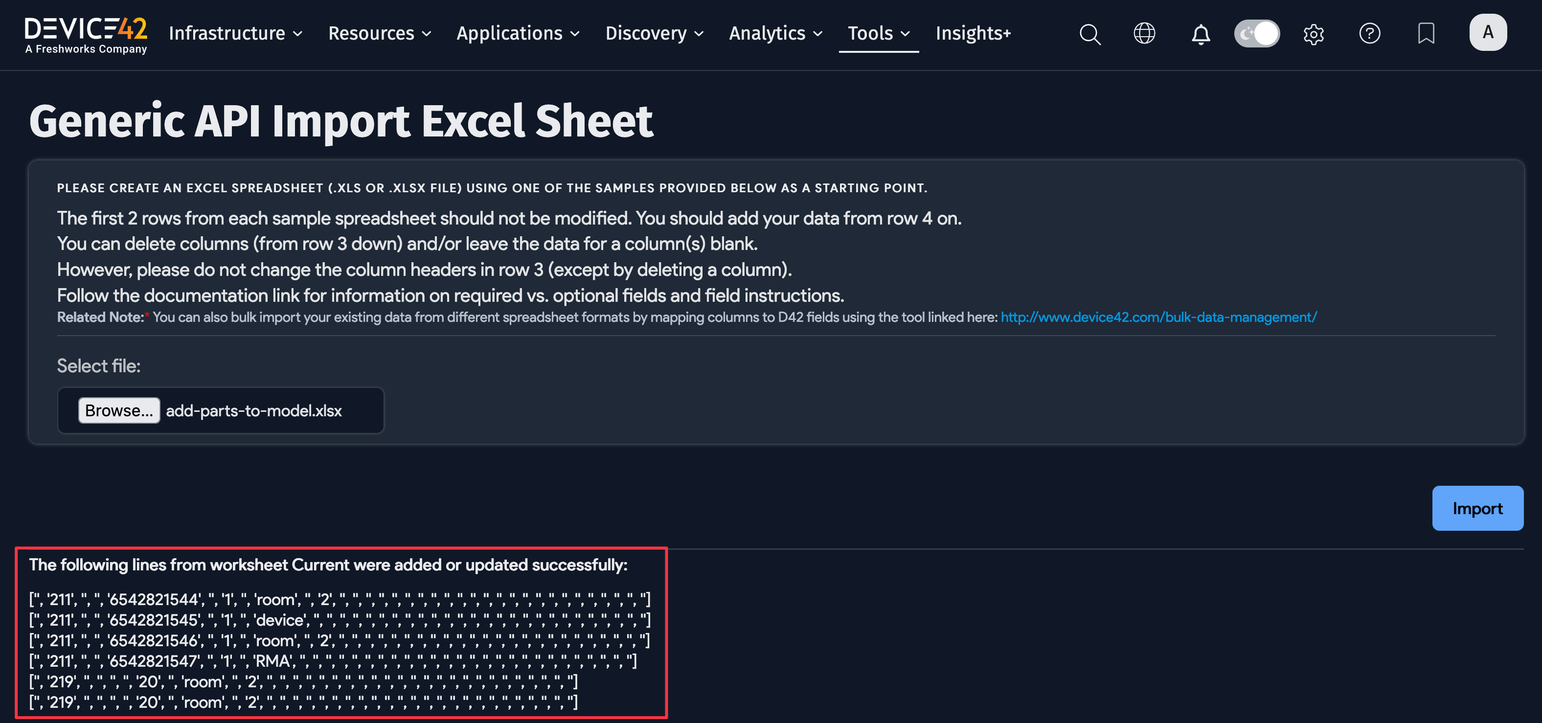 Import results success message