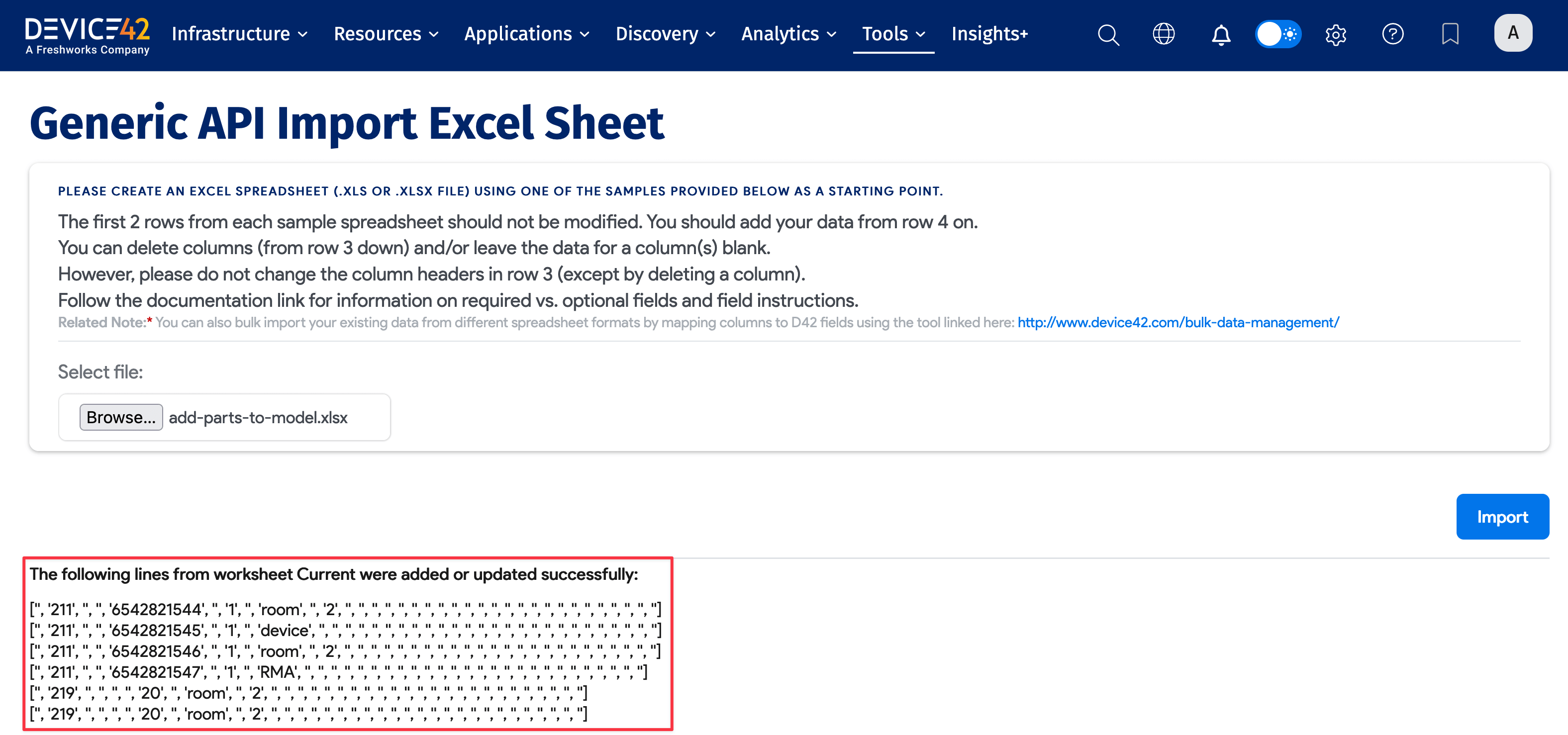Import results success message