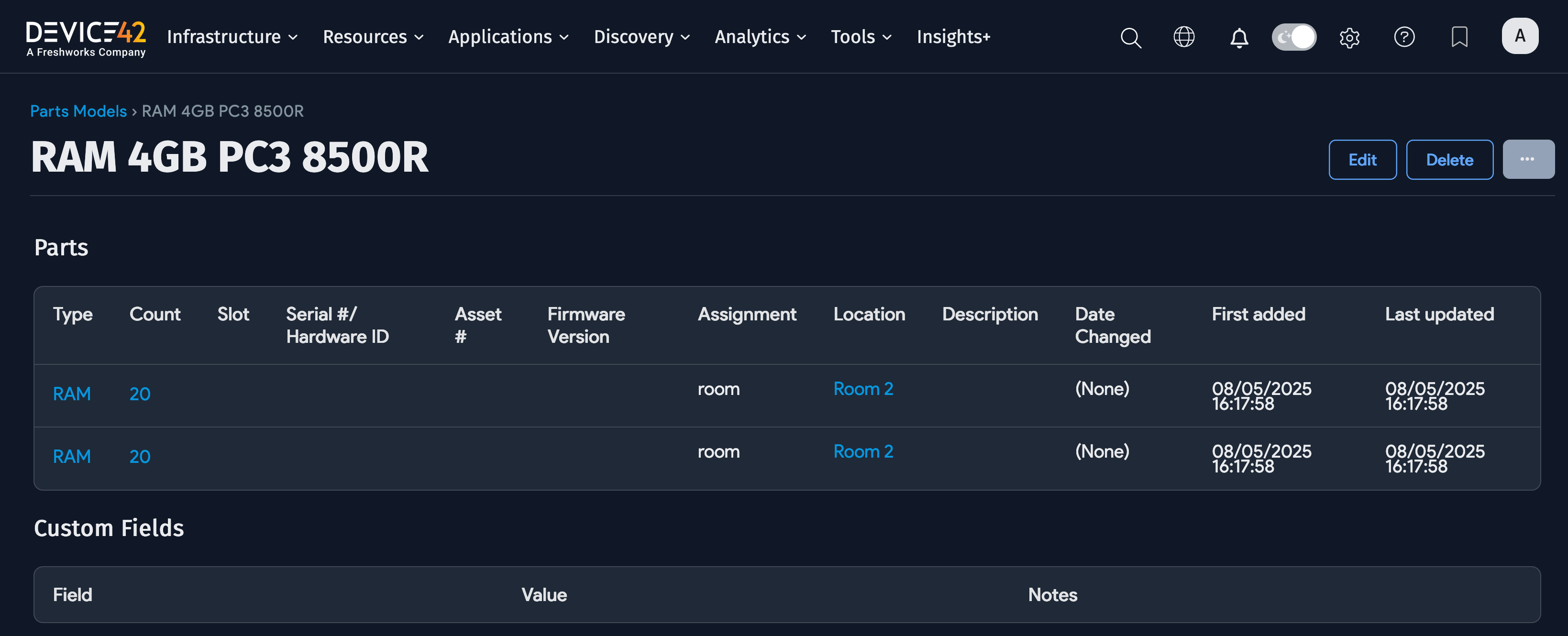 Parts list showing imported RAM modules by room