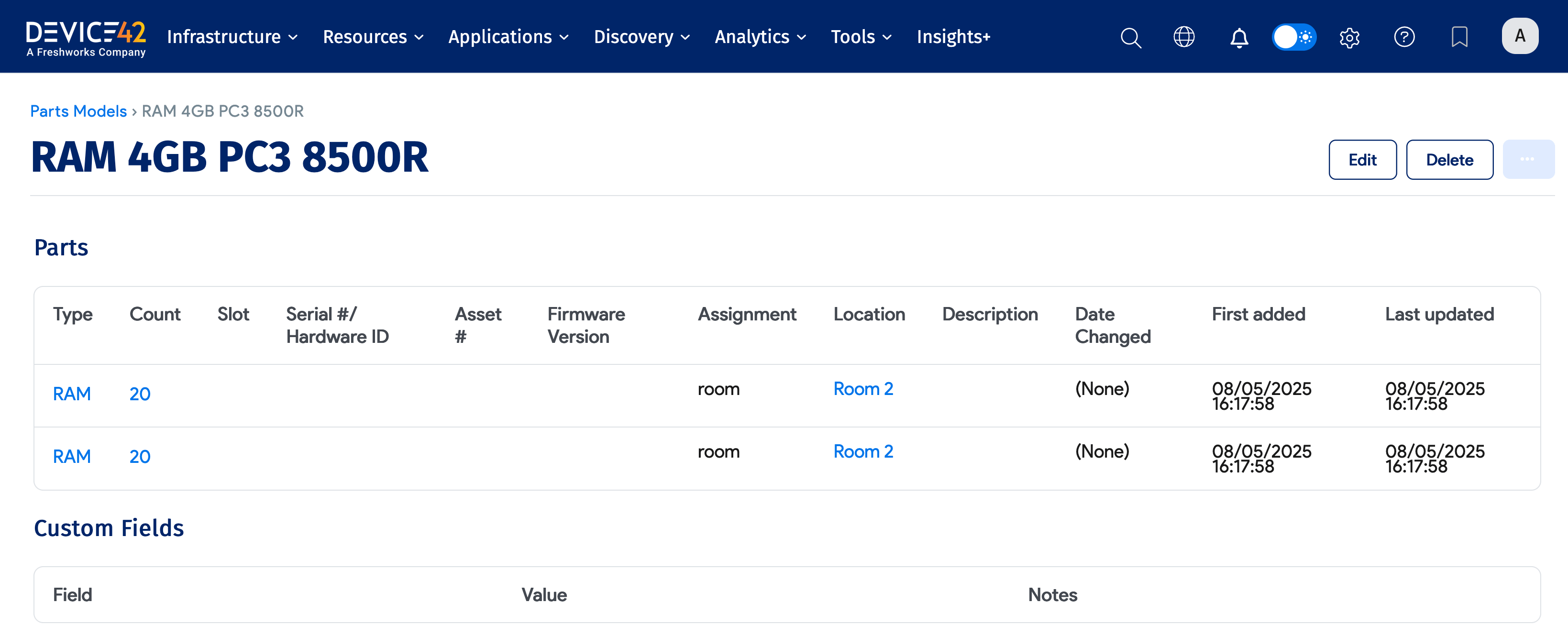 Parts list showing imported RAM modules by room