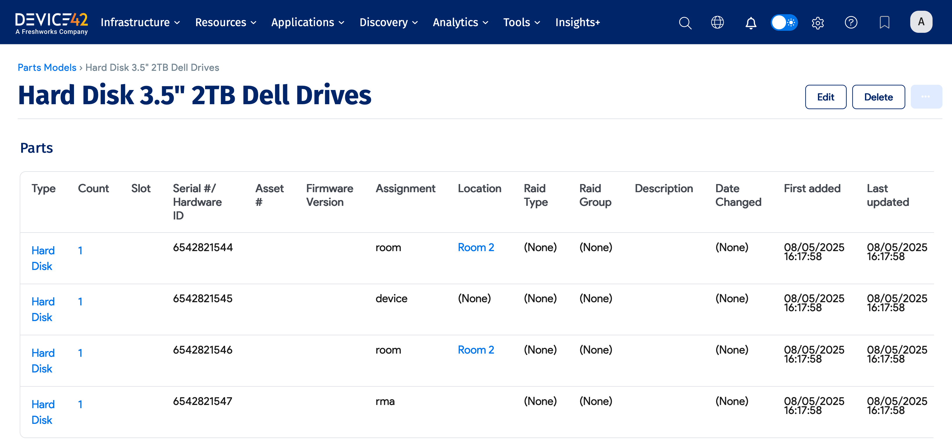 Parts list showing imported serial numbered parts