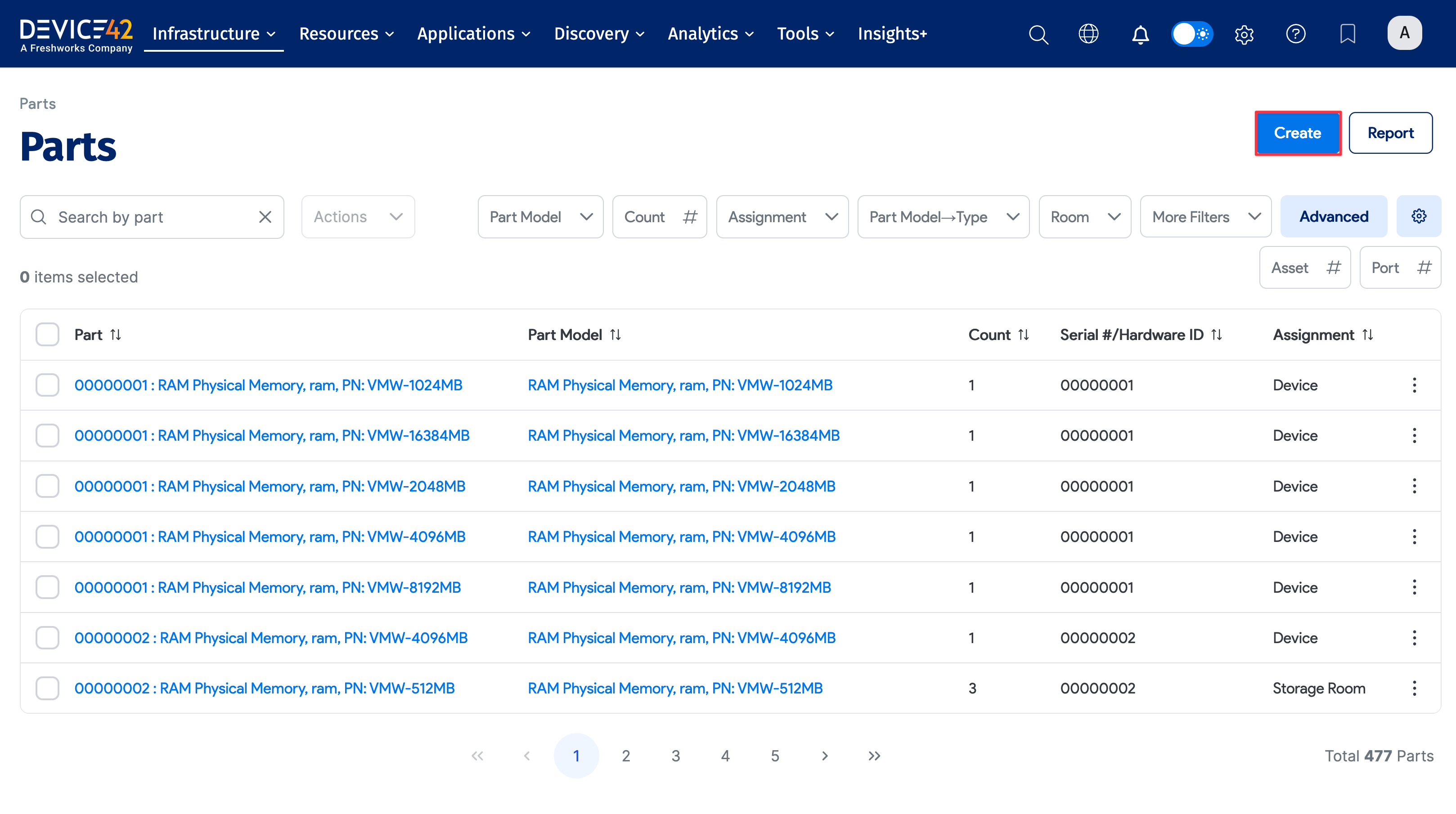 Parts list screen with select part to view