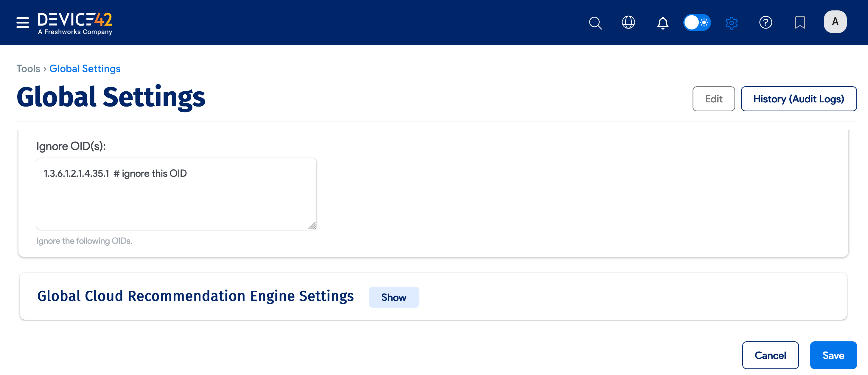 Global Settings Ignore OID(s) field