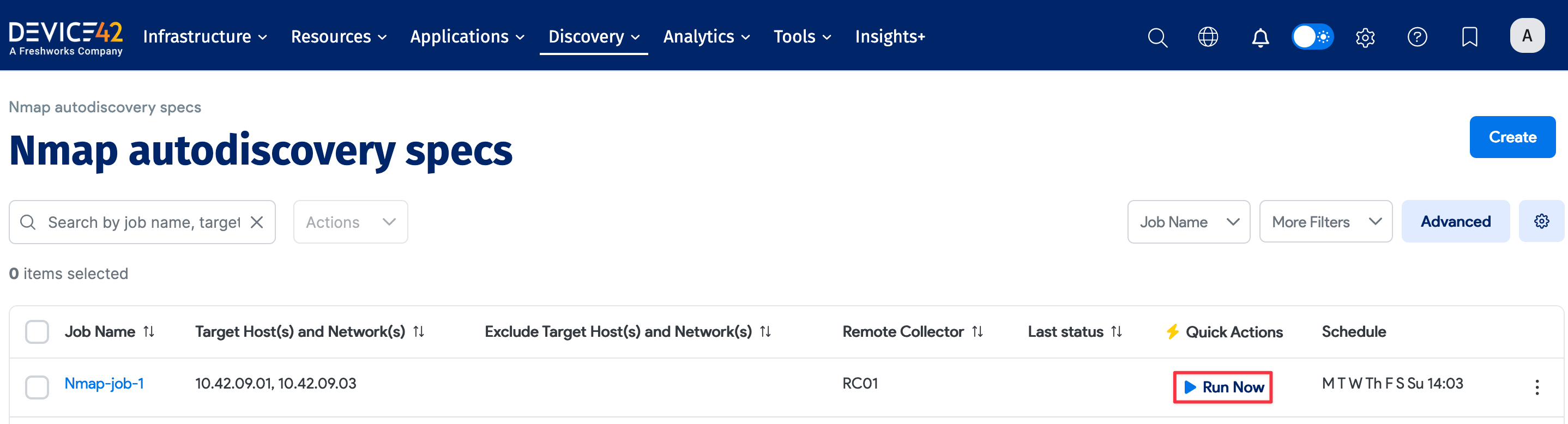 Nmap list page with Run Now button