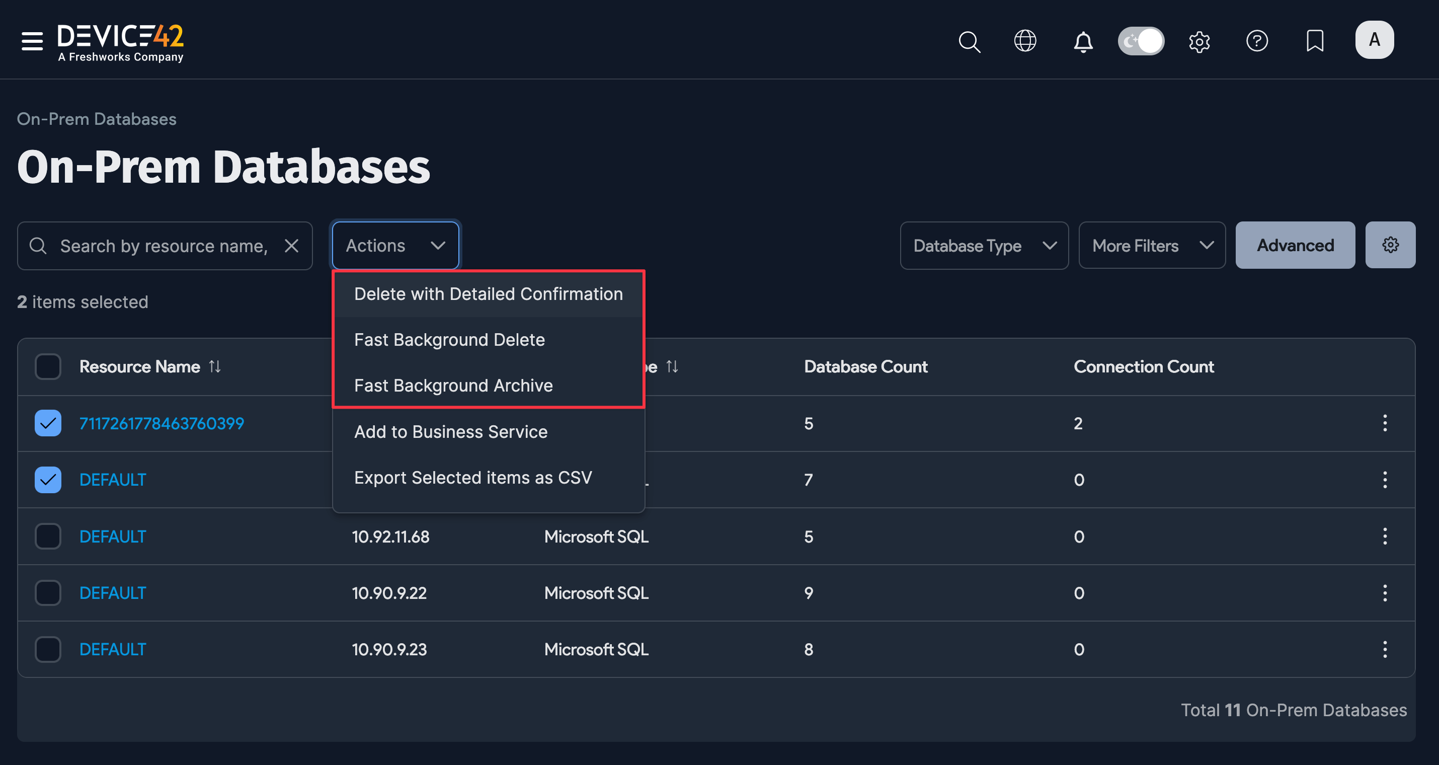 On-Prem Databases action menu