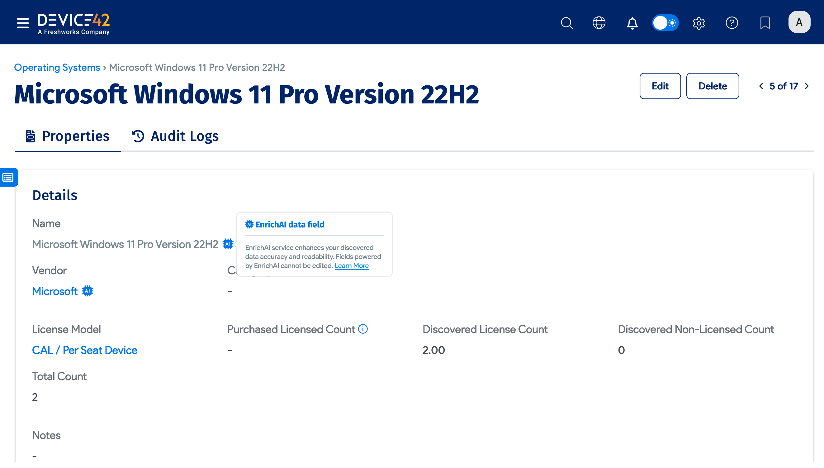 AI icon hover over on the Operating Systems list