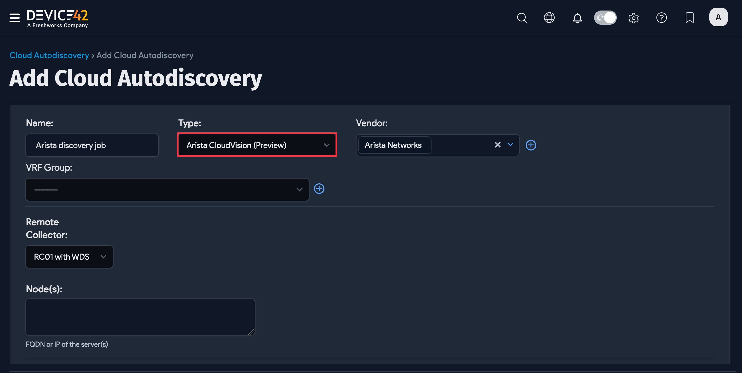 Add Arista CloudVision discovery details