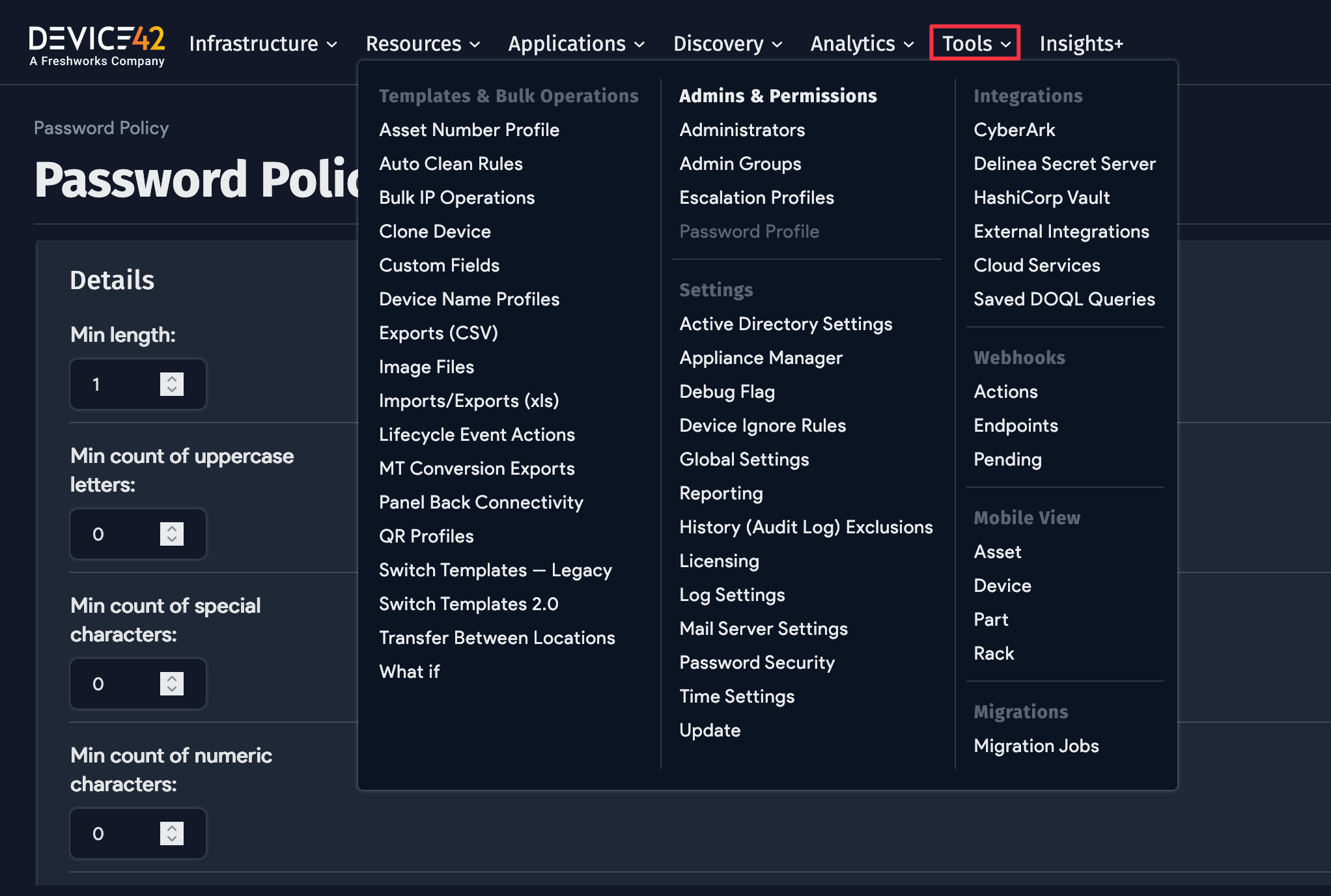 Password Policy menu location and options