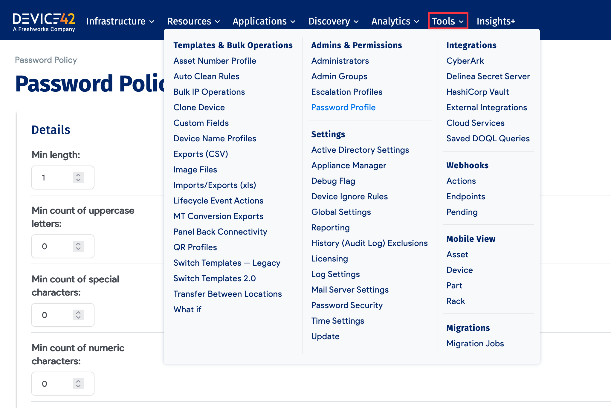 Password Policy menu location and options