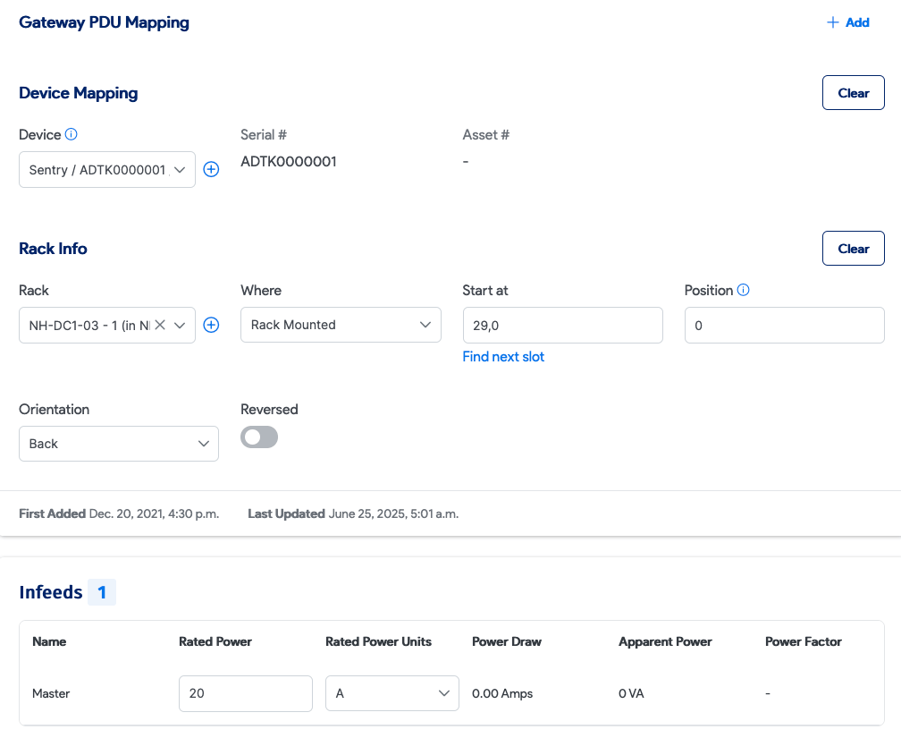 Add new PDU Rack info & Infeeds