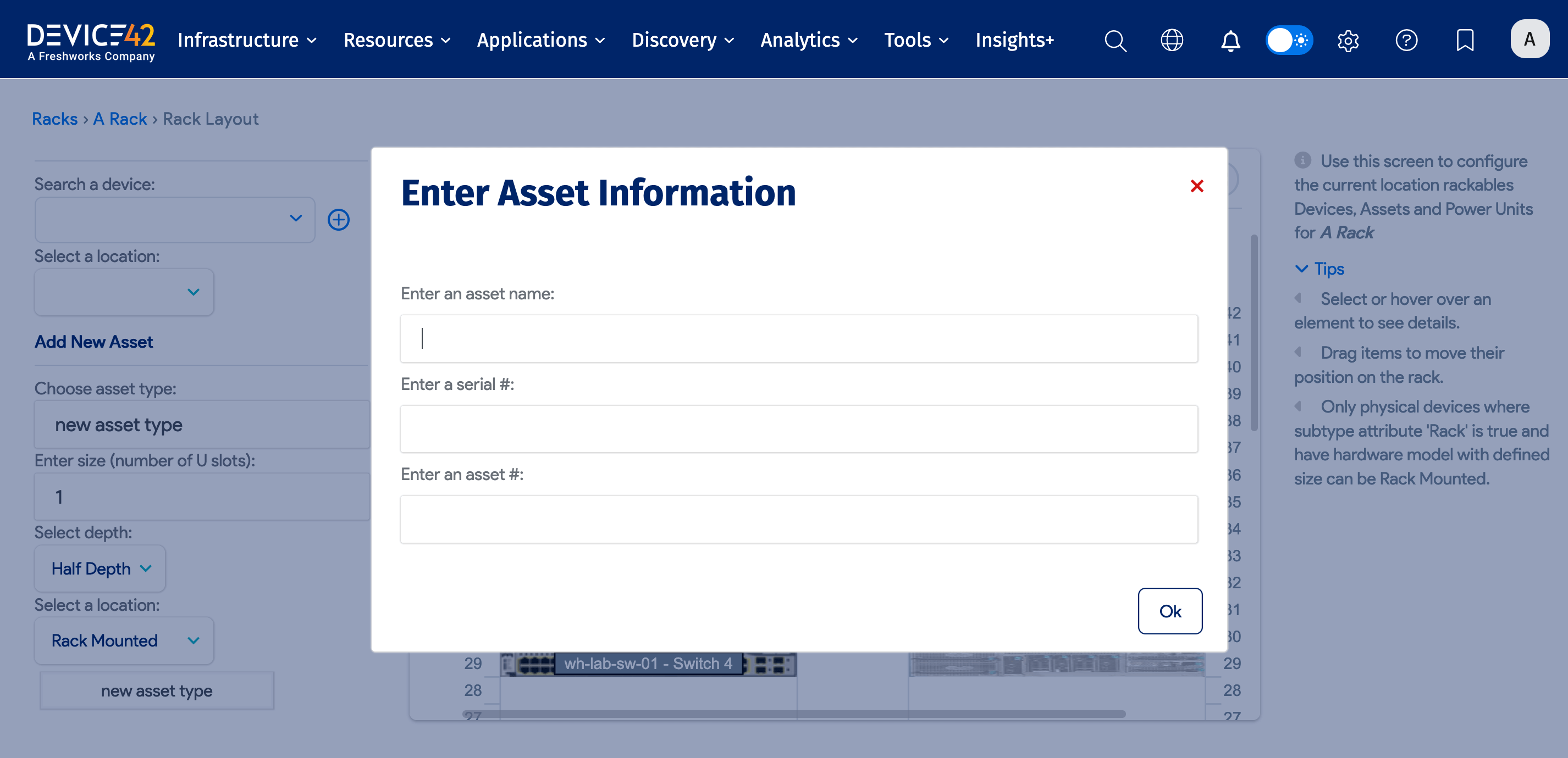 Enter rack details form