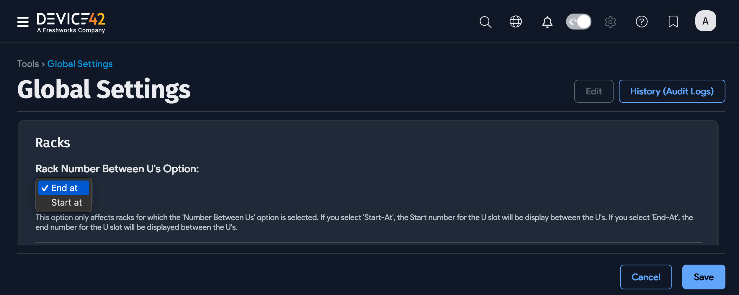 Rack number between U's option in Global Settings