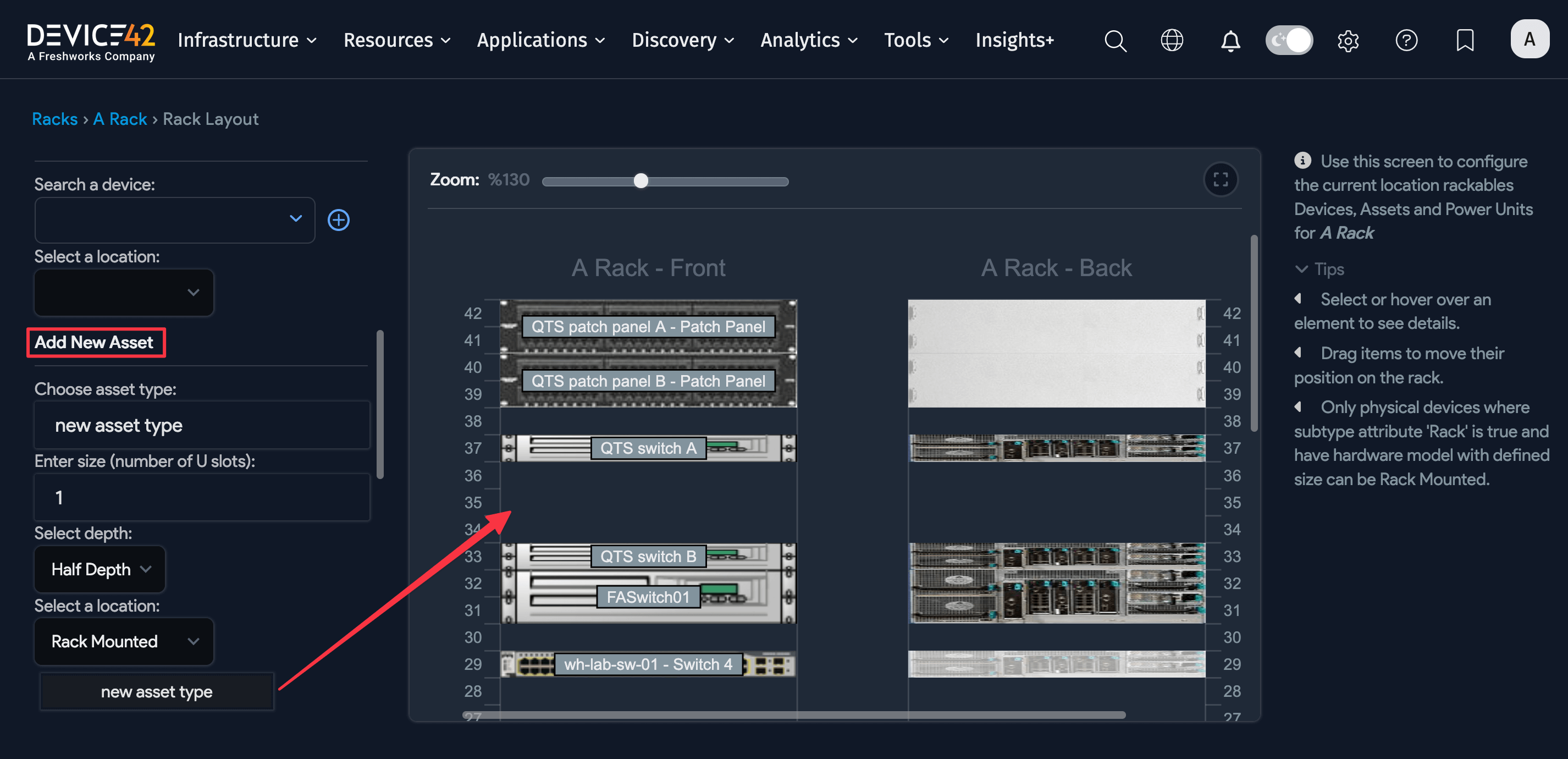 Adding assets to the rack from the rack layout screen