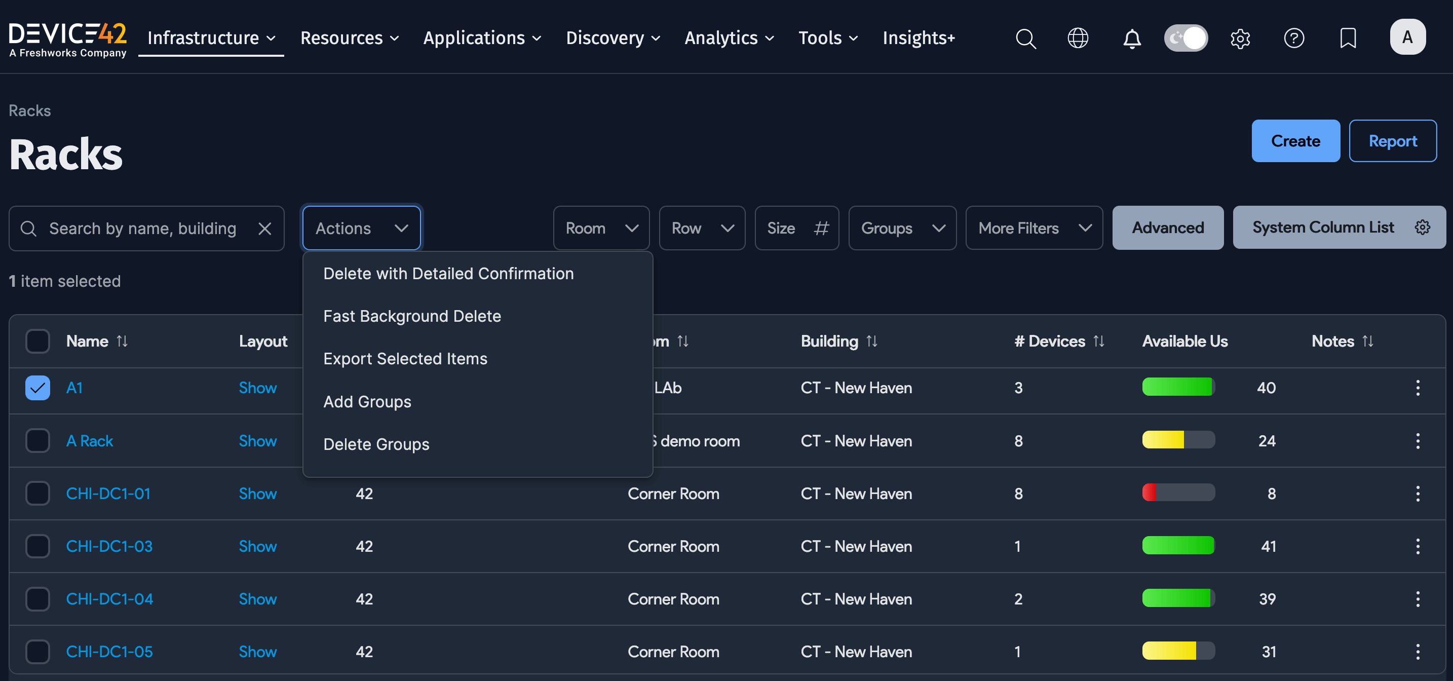 Rack Actions dropdown menu