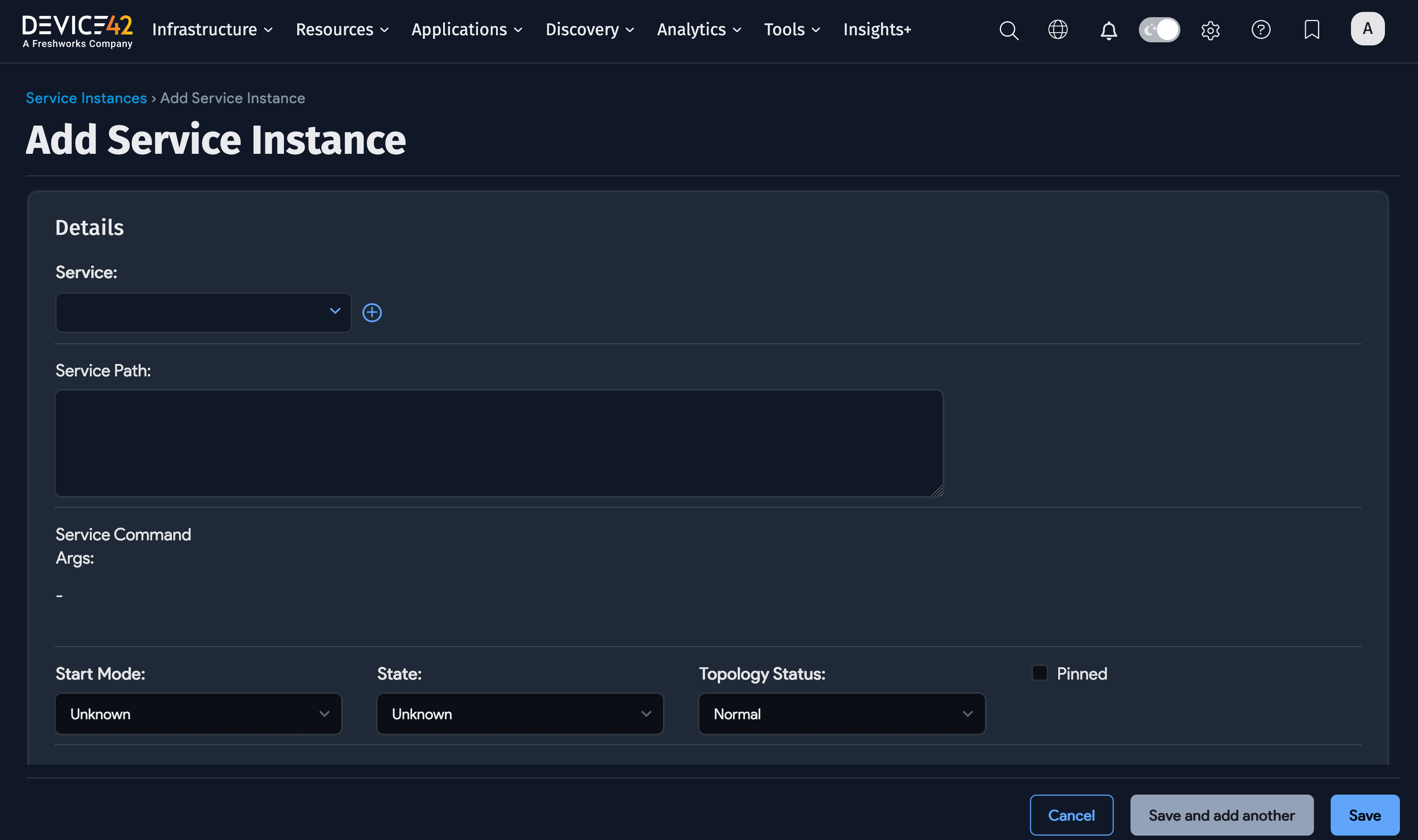 Add Service Instance form
