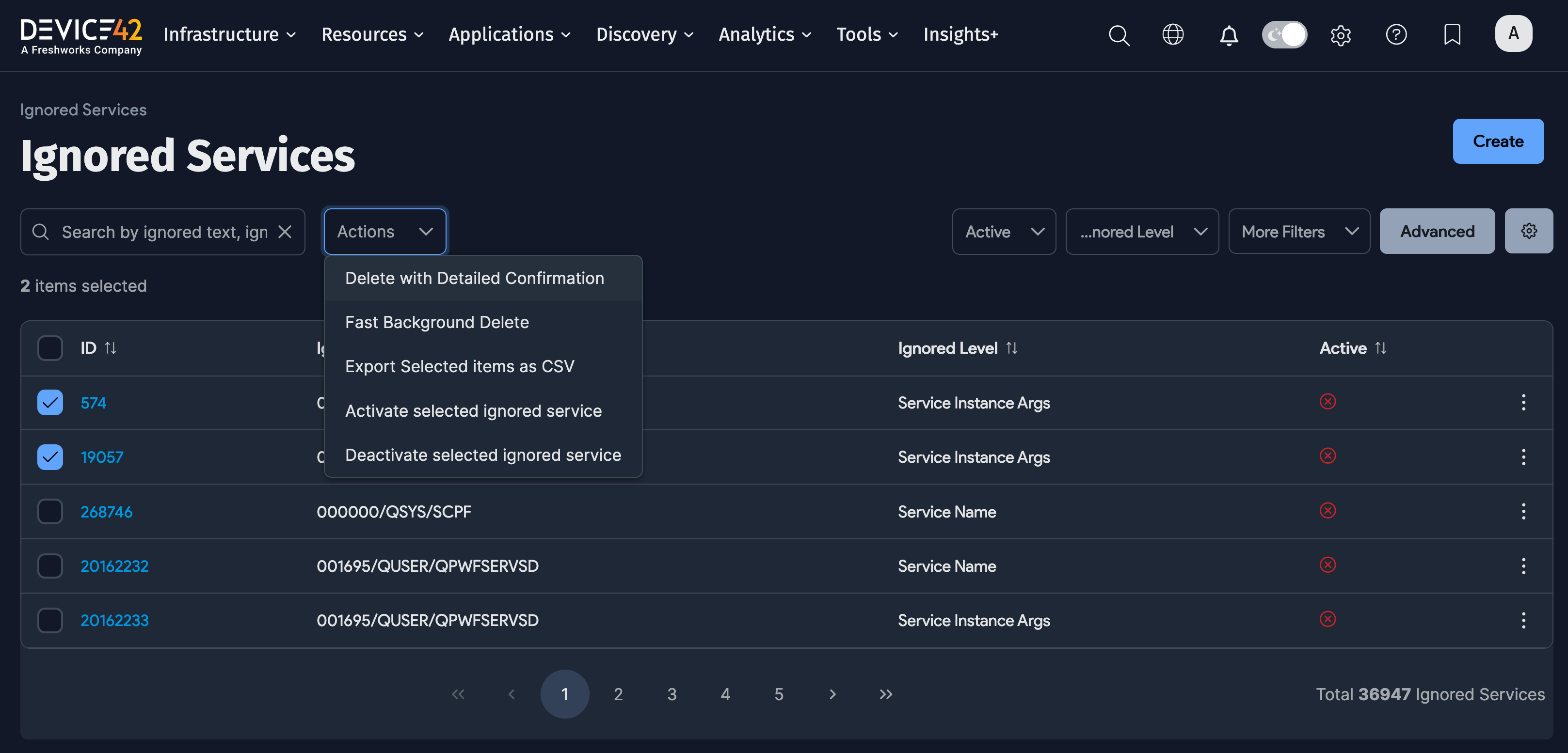 Ignored Services actions