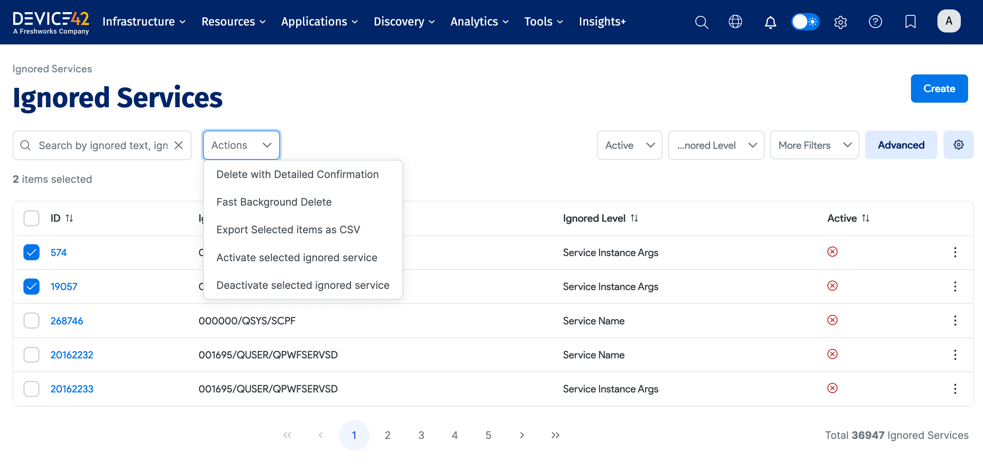 Ignored Services actions
