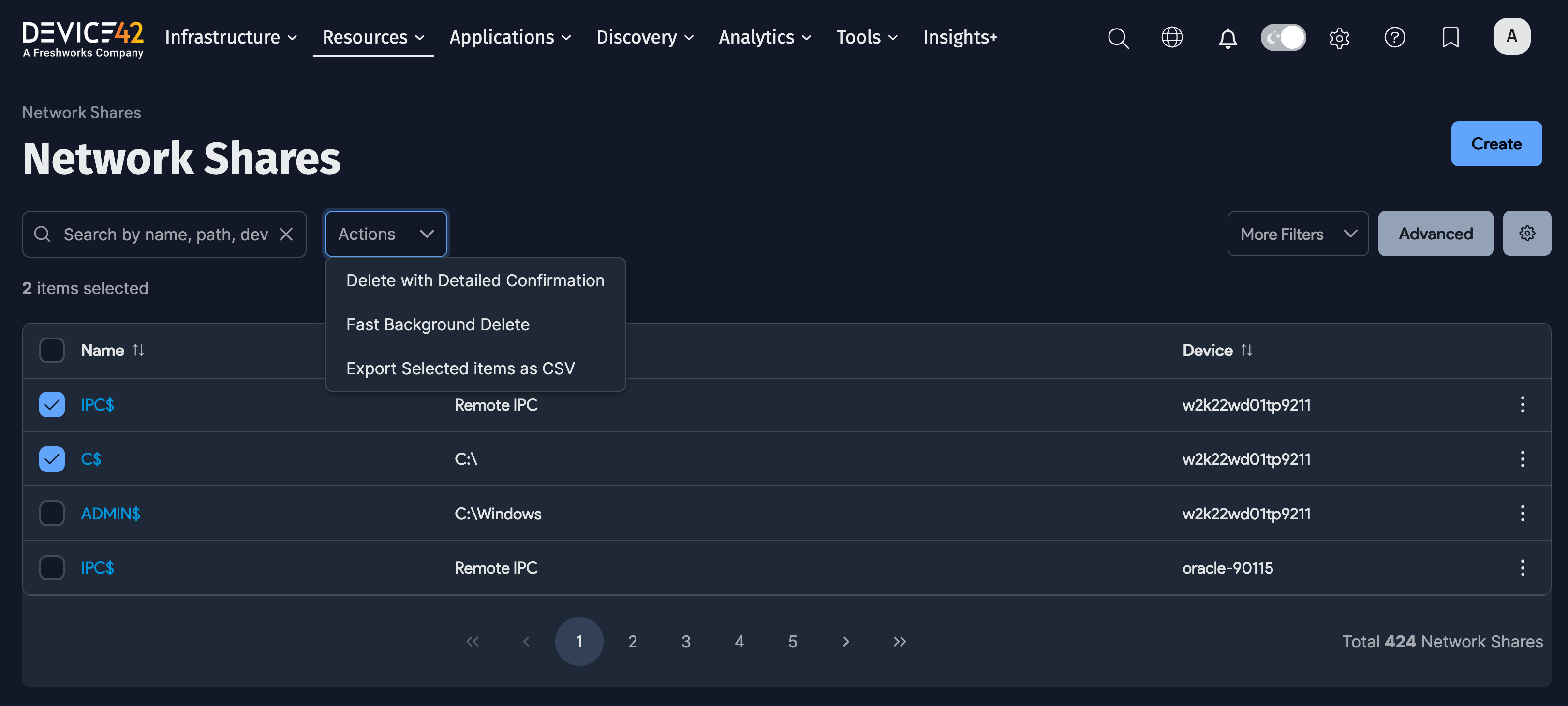 Network Shares actions