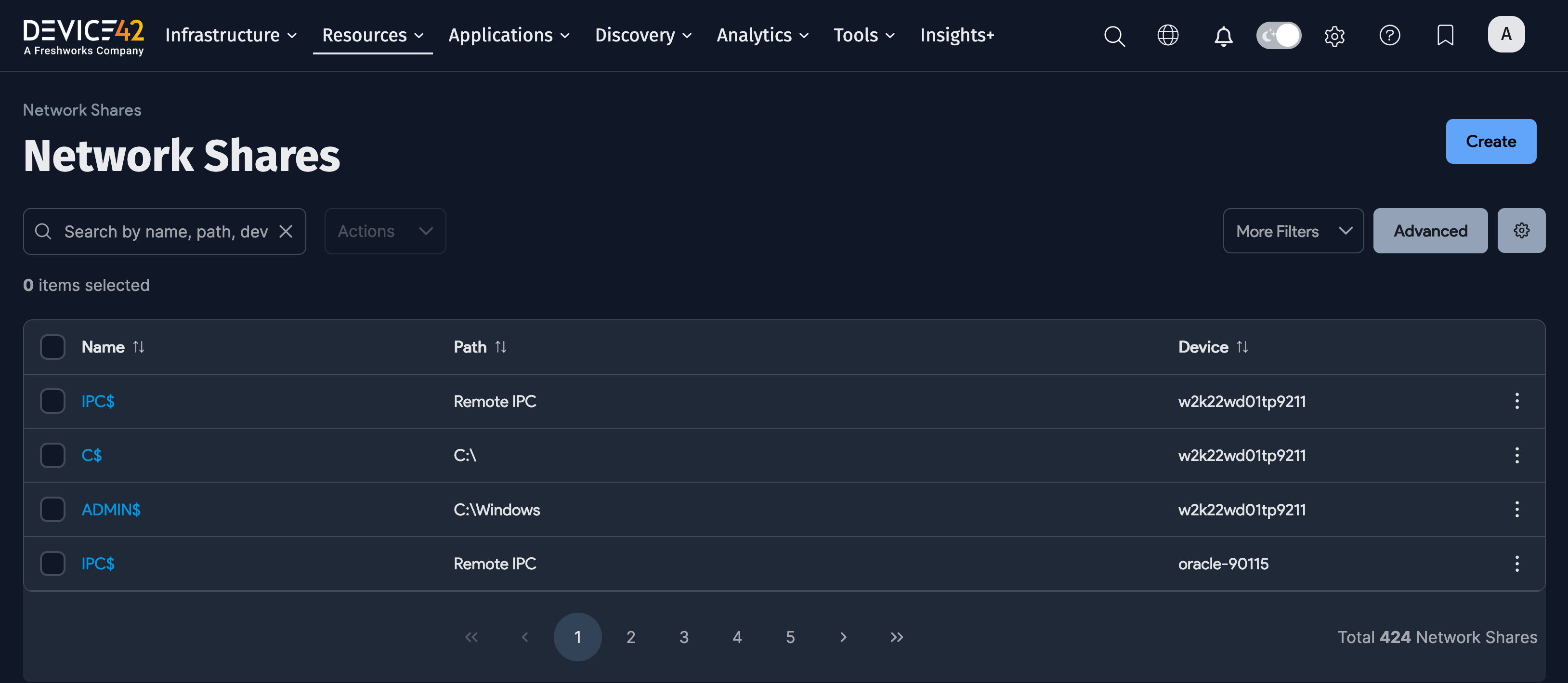 Network Shares list page