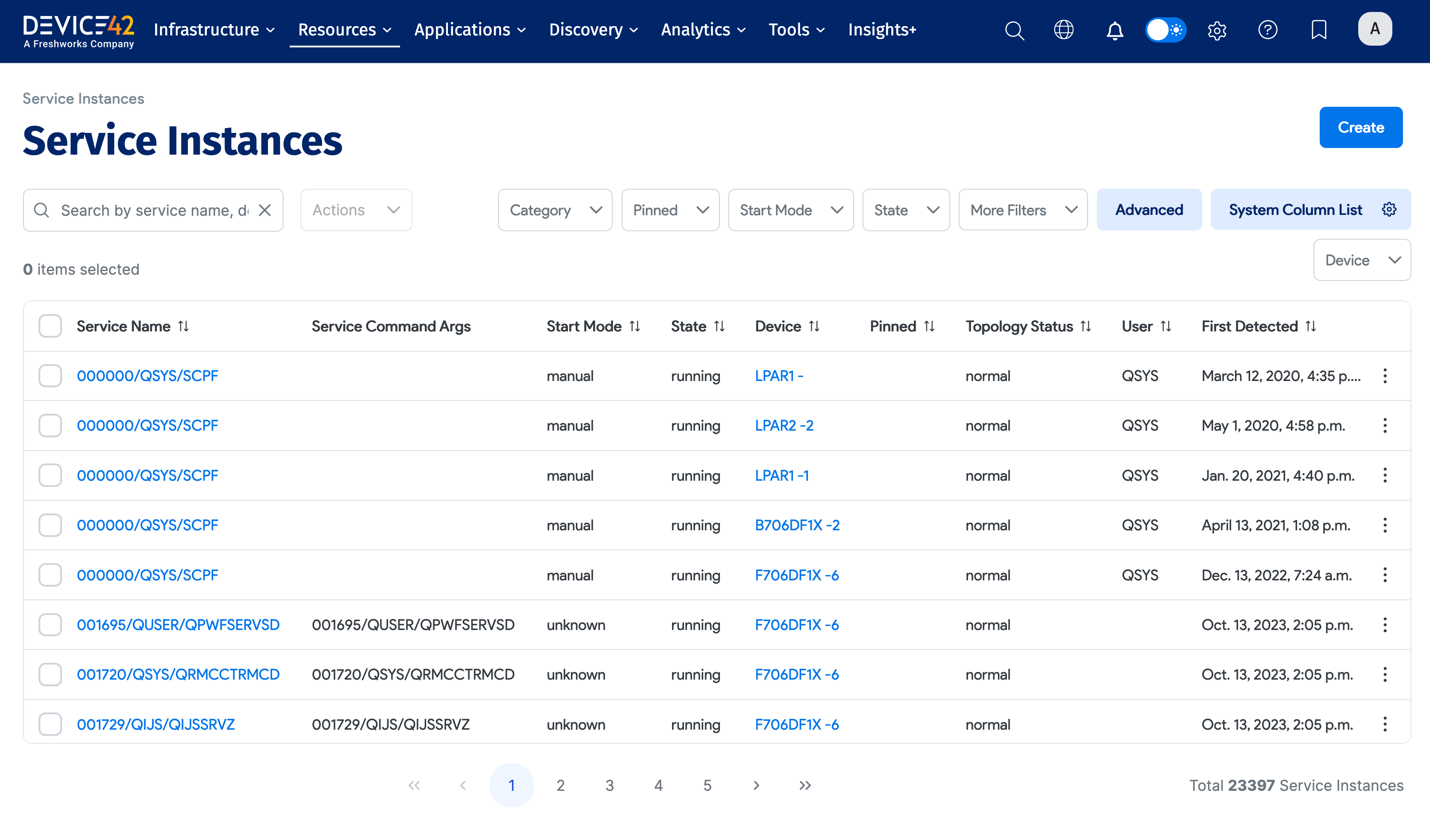 Service Instance list page