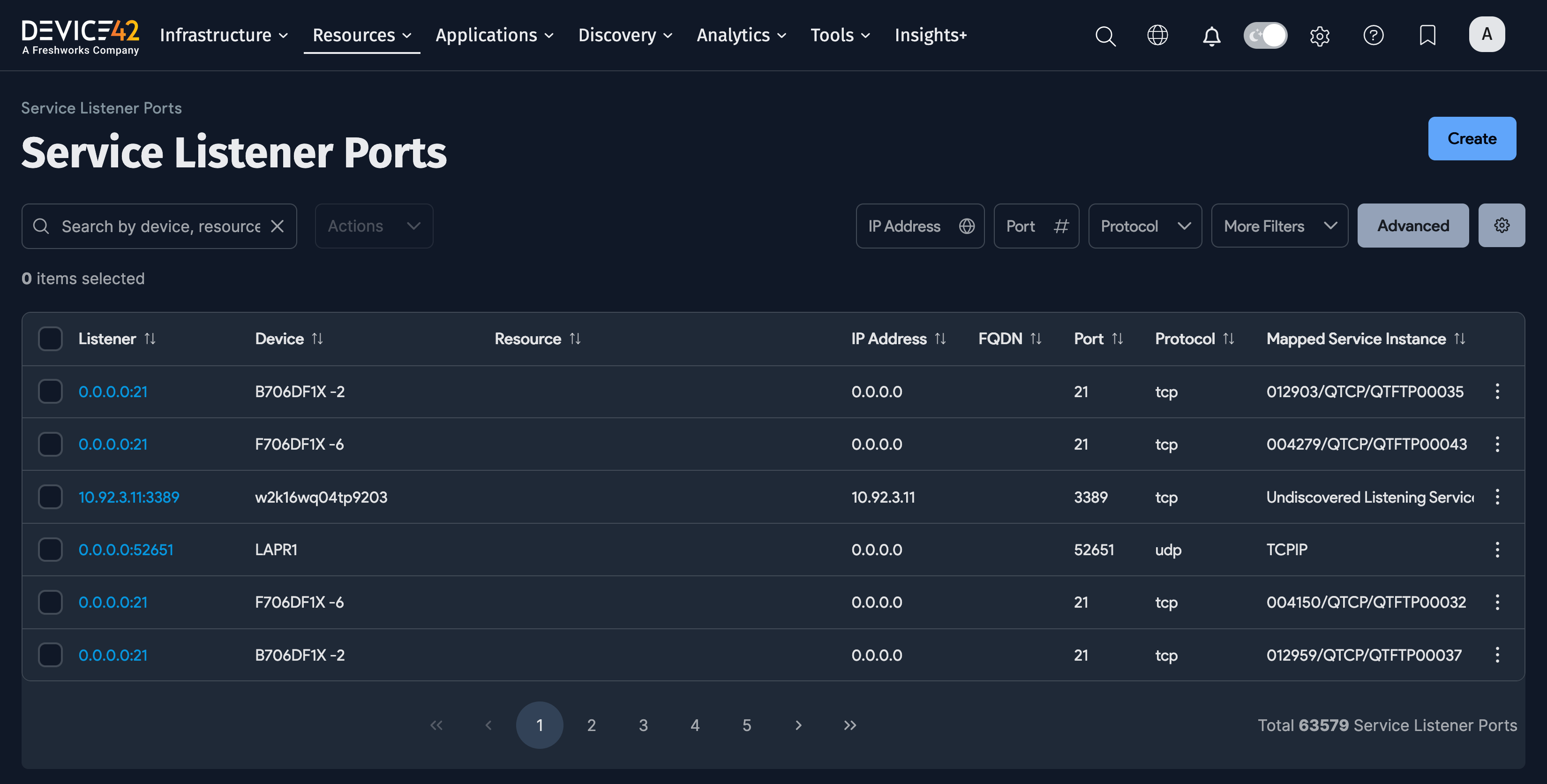 Service Listener Ports list page