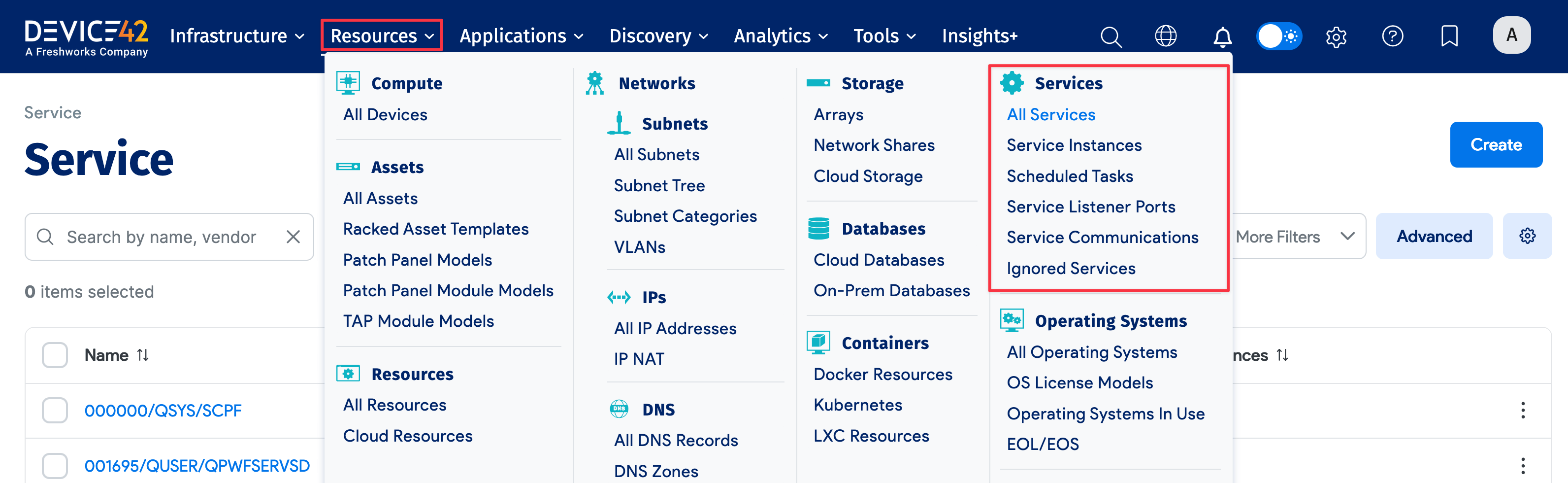 Services menu options