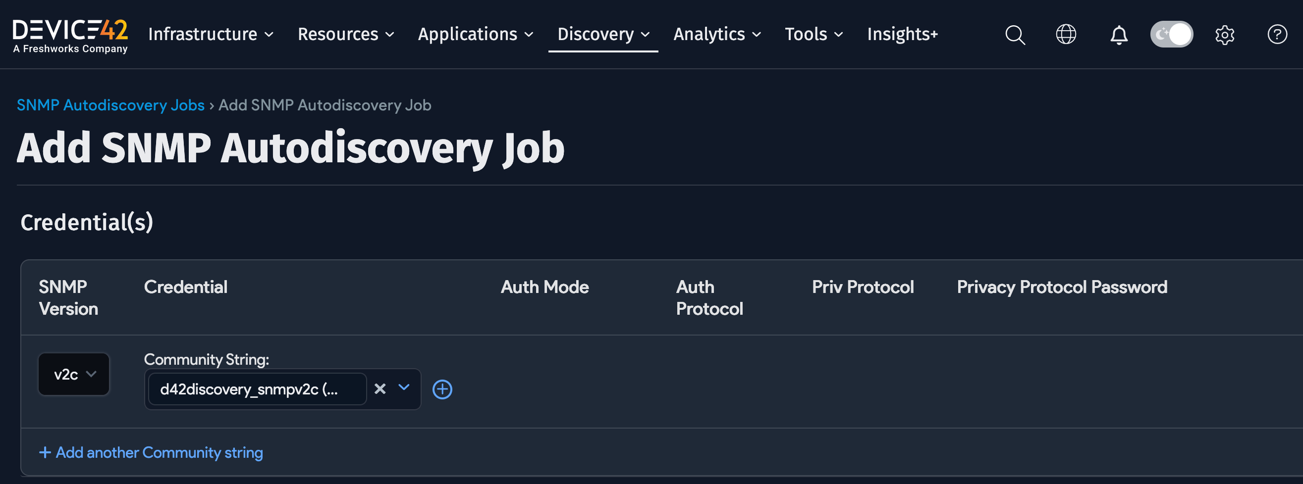 SNMP version and community string fields