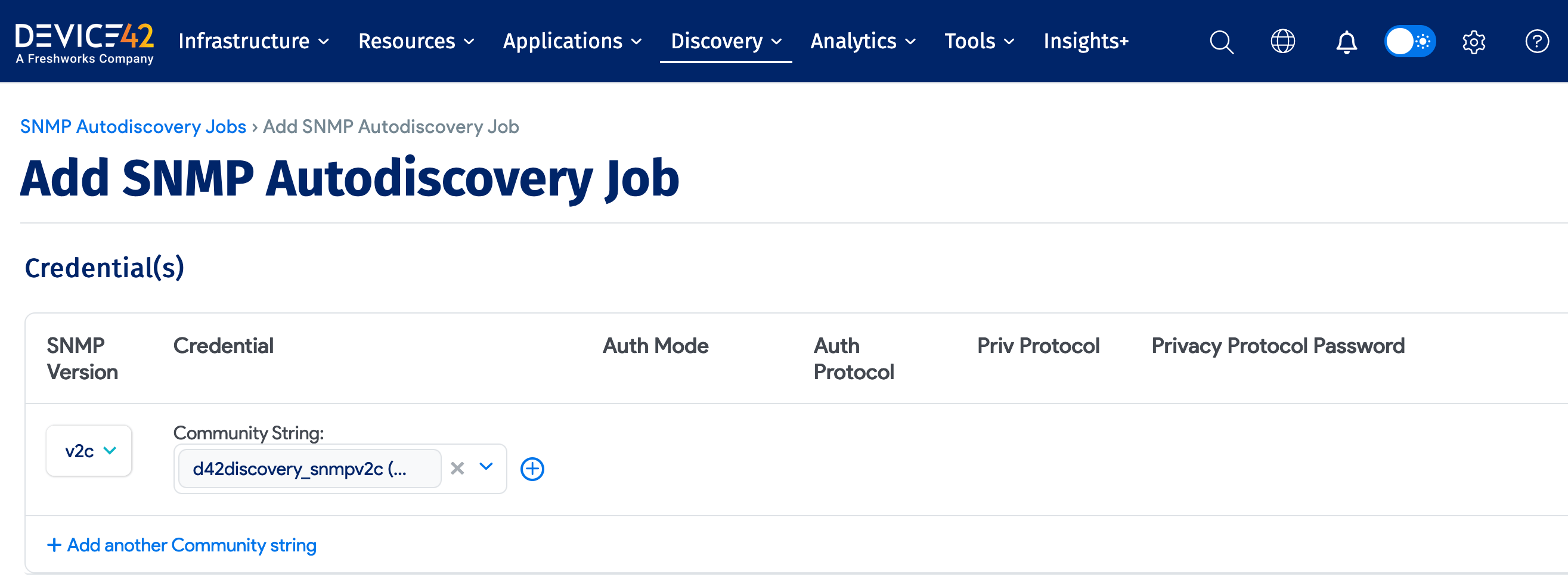 SNMP version and community string fields