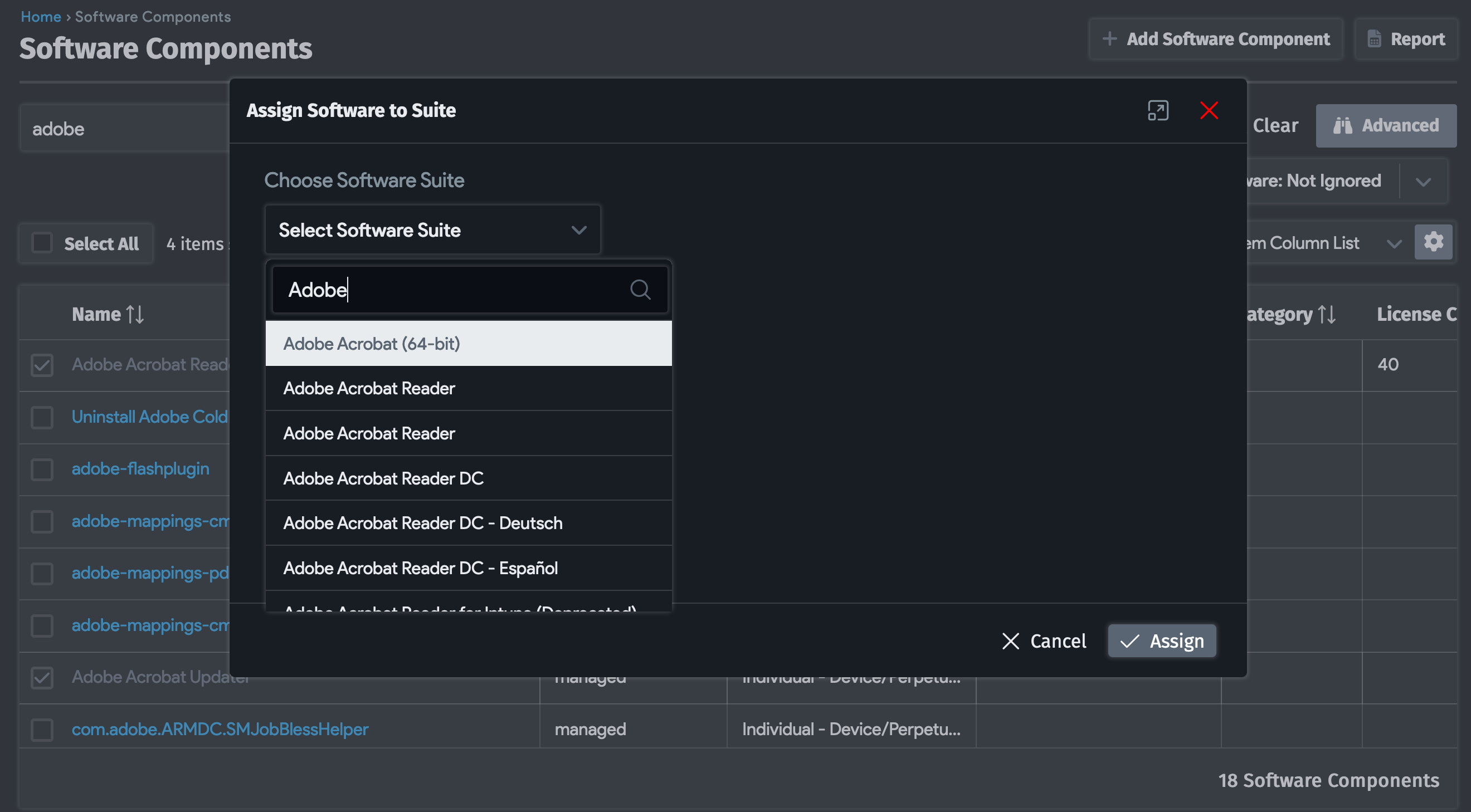 Assign software to suite