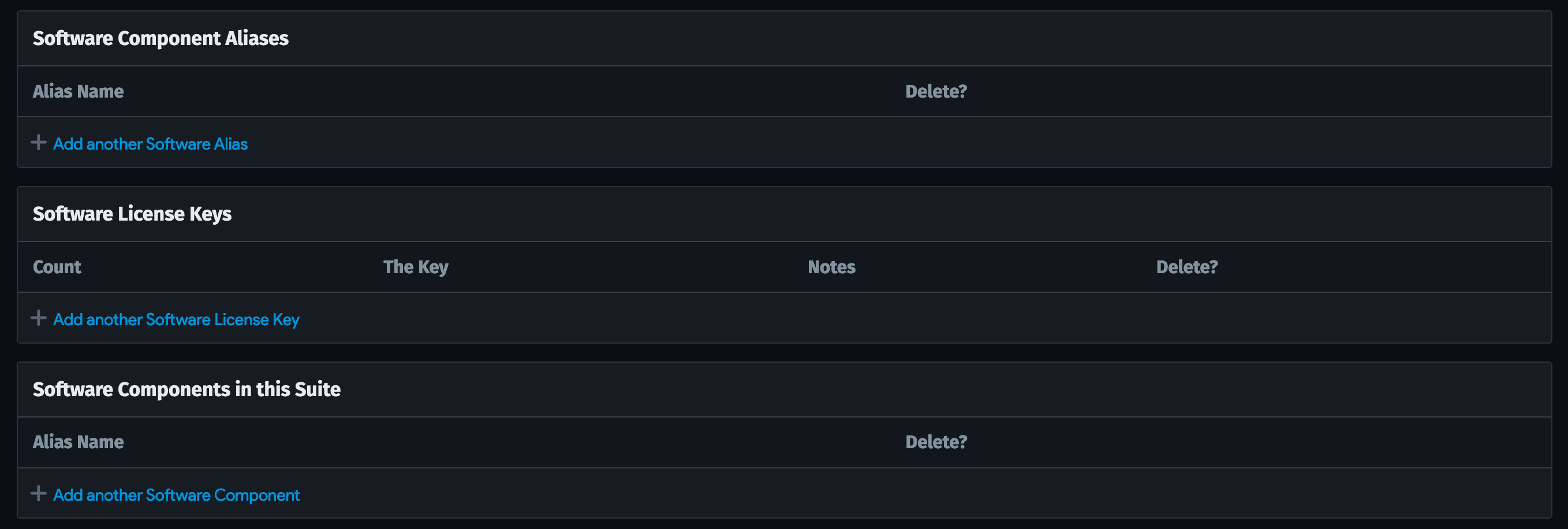 Software component aliases and license keys