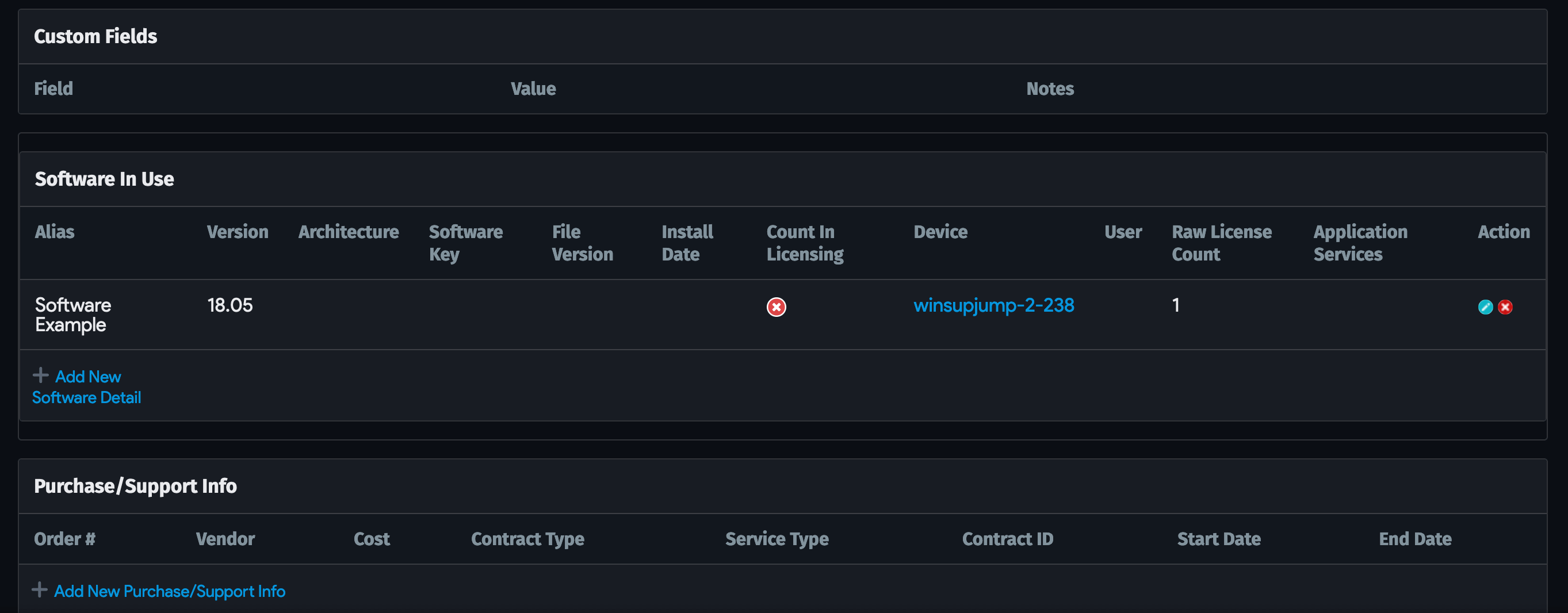 Software in use and purchase or support info