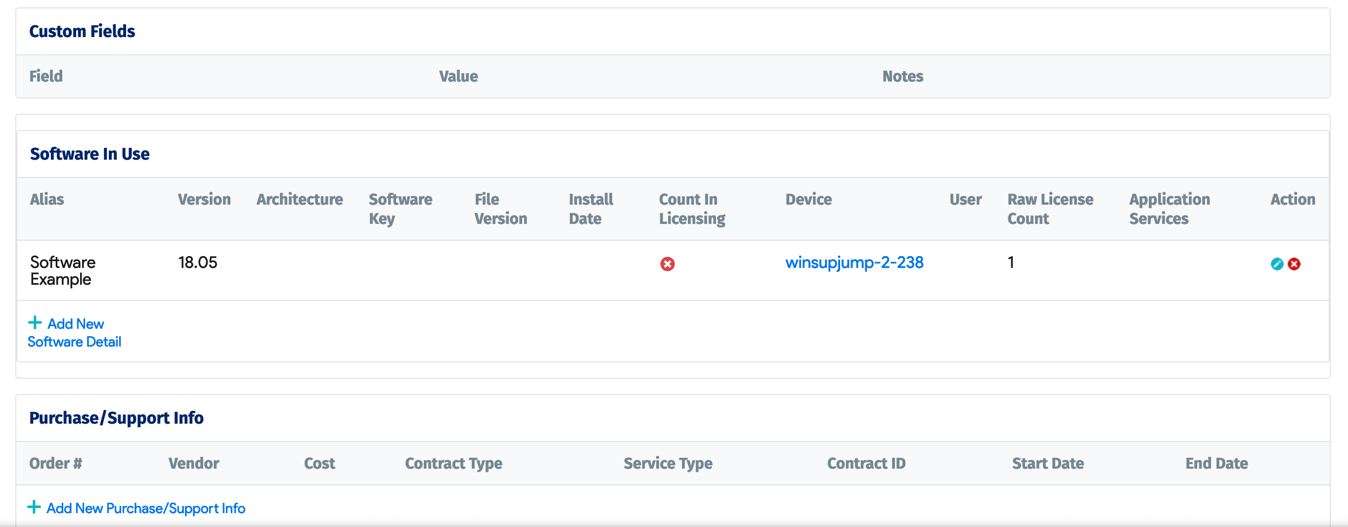 Software in use and purchase or support info