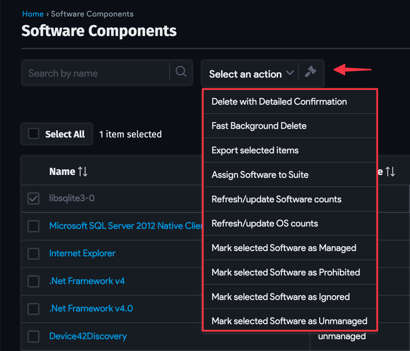 Software component bulk actions