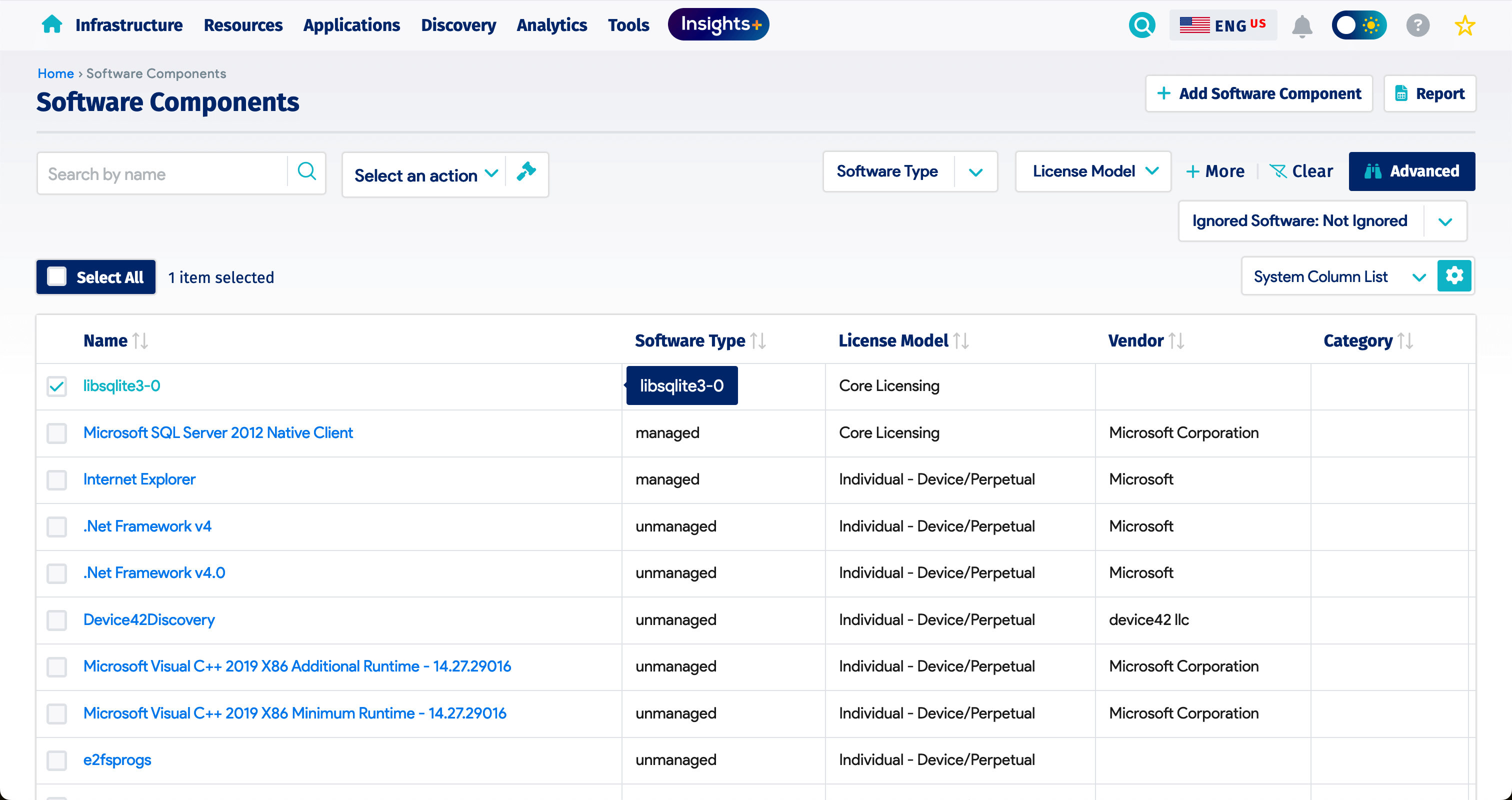 Software component list page