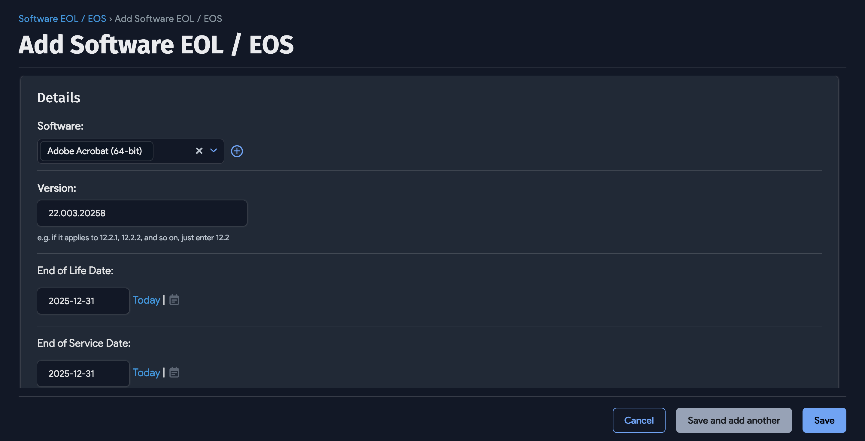 Add software EOL / EOS entry form