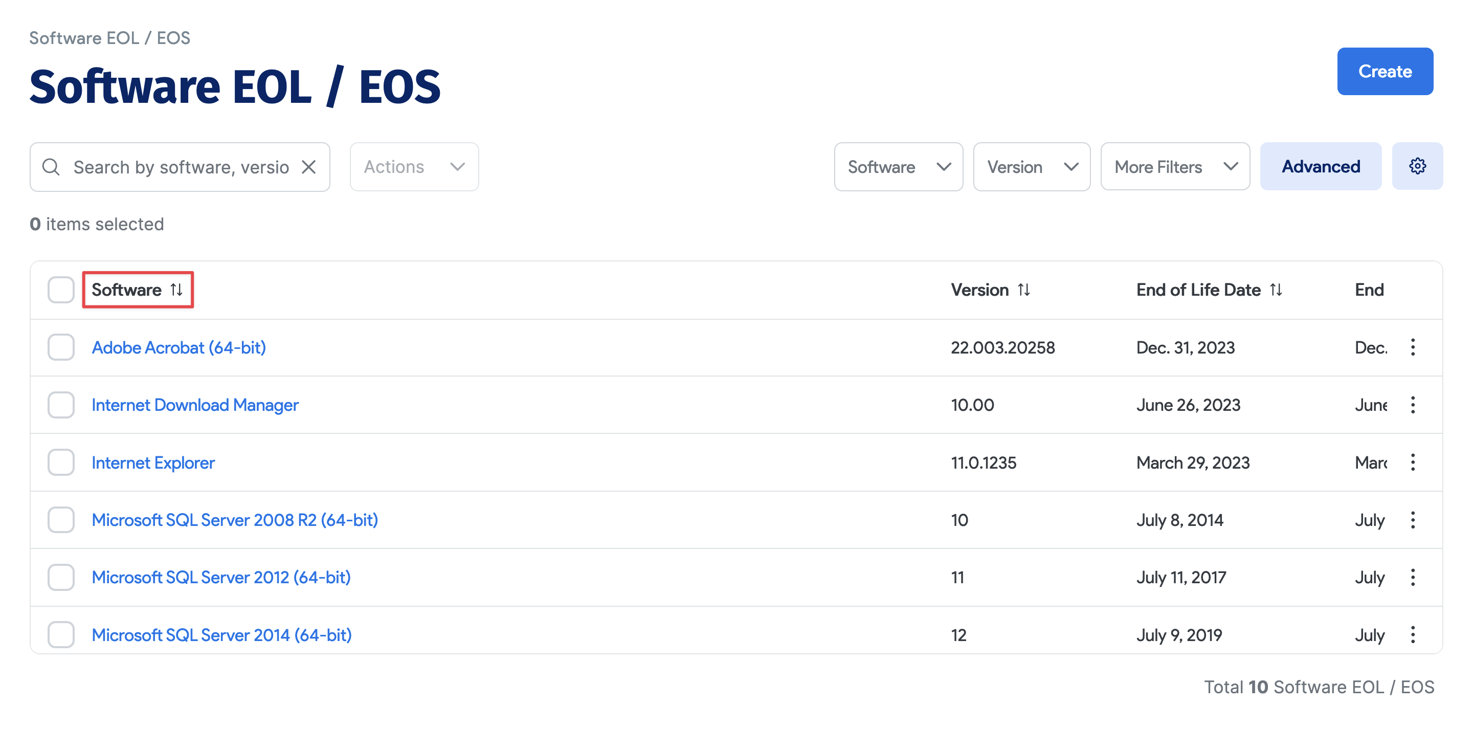 Software EOL / EOS list page
