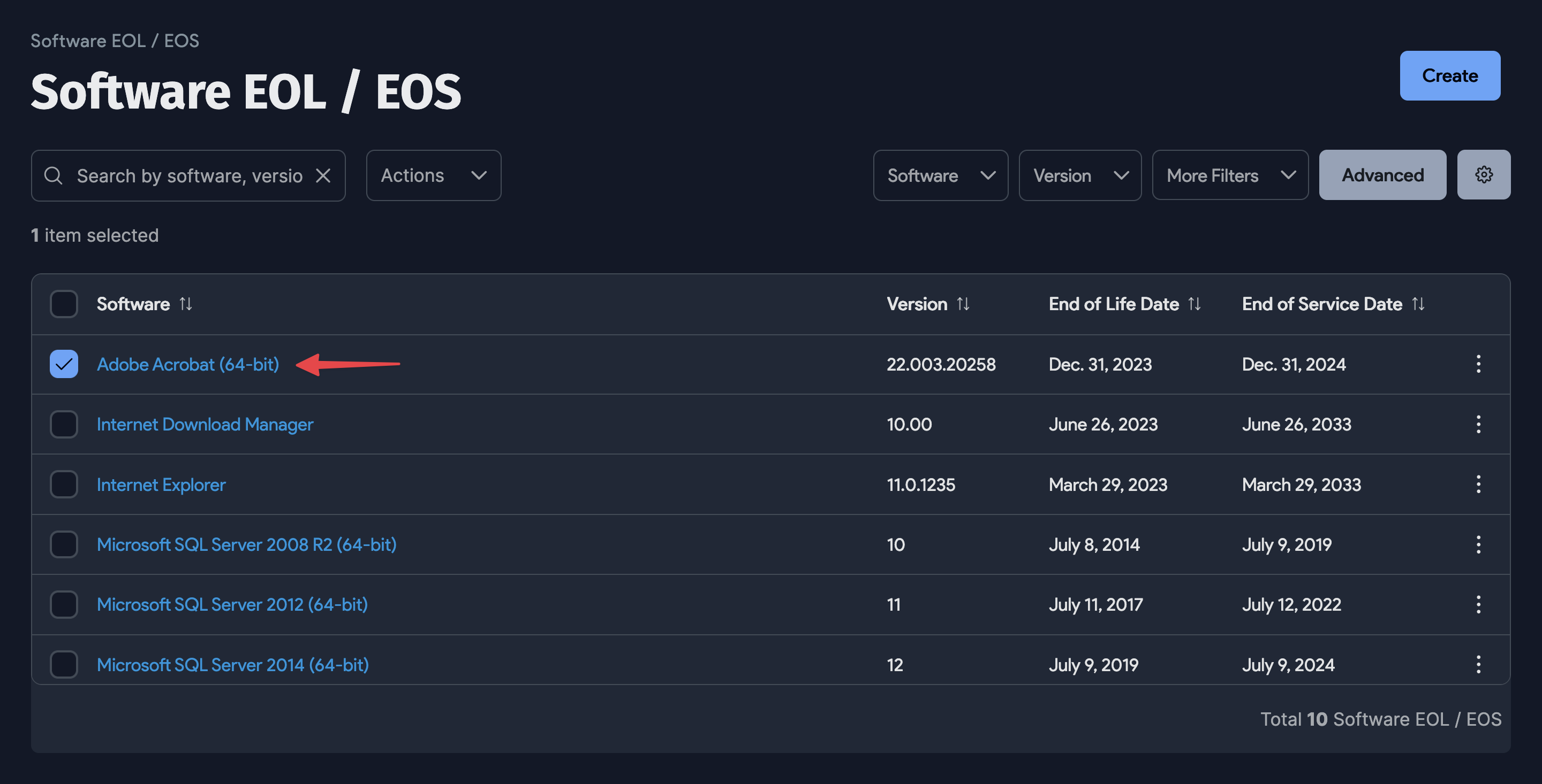 Saved software EOL / EOS entry