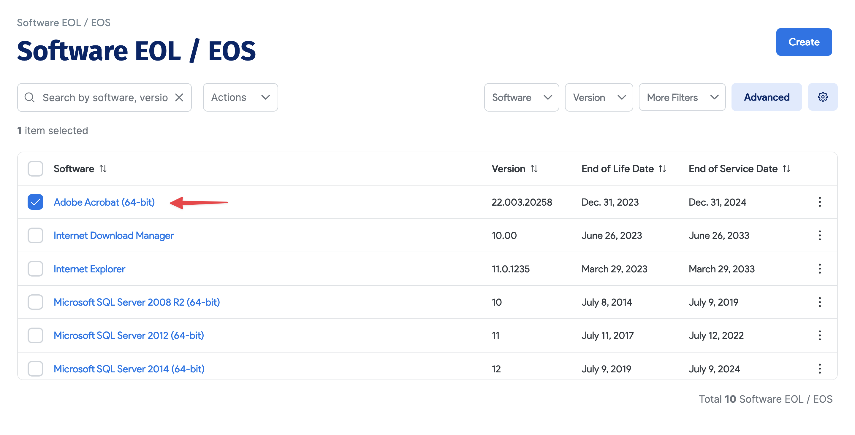 Saved software EOL / EOS entry
