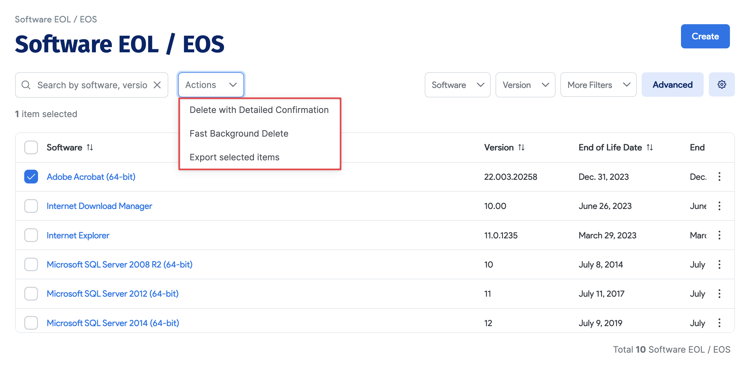 Software EOL / EOS actions dropdown
