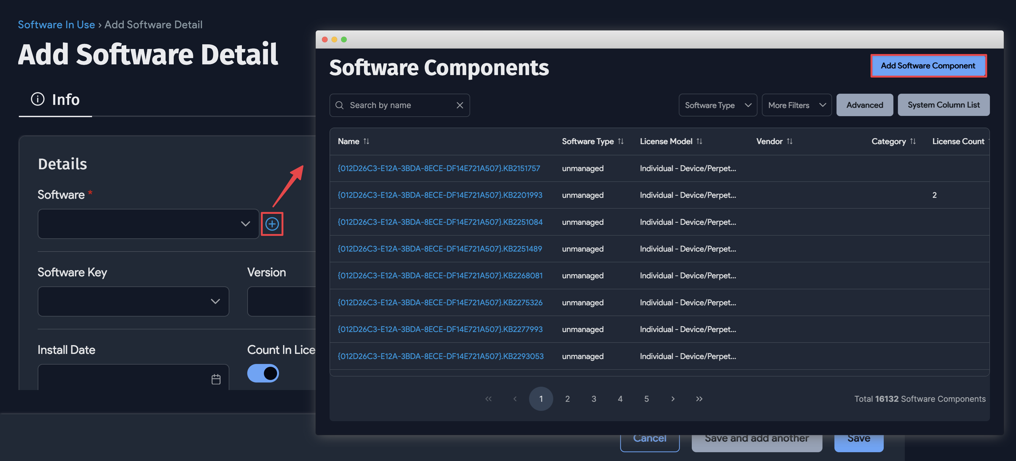 Select software component dialog