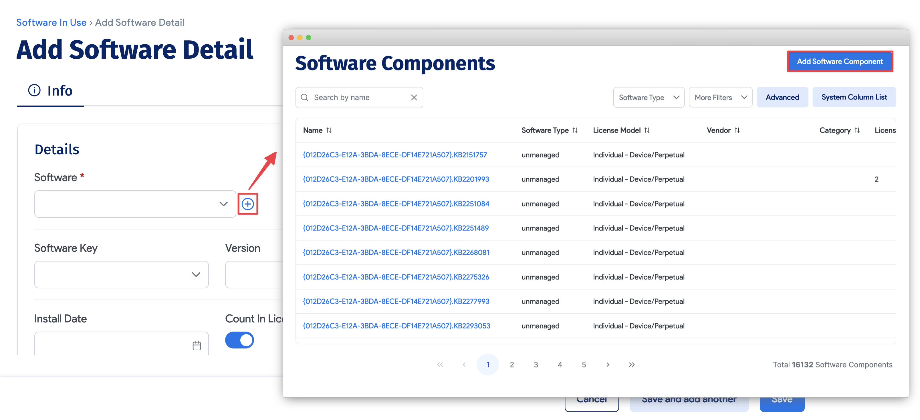 Select software component dialog