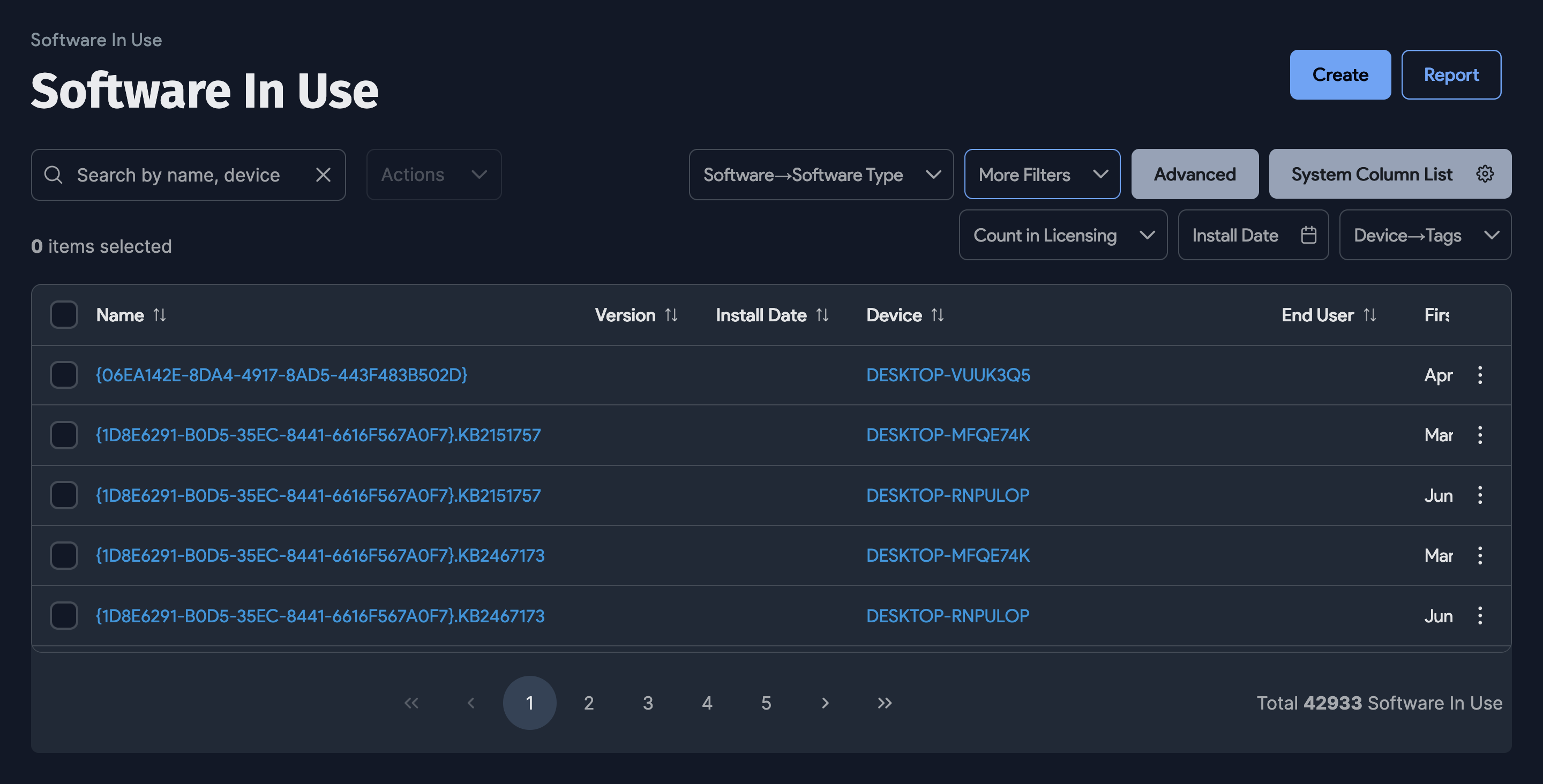 Software in use list view