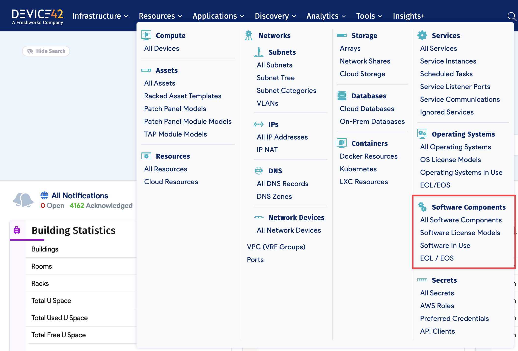 The Software Components section in the Resources menu