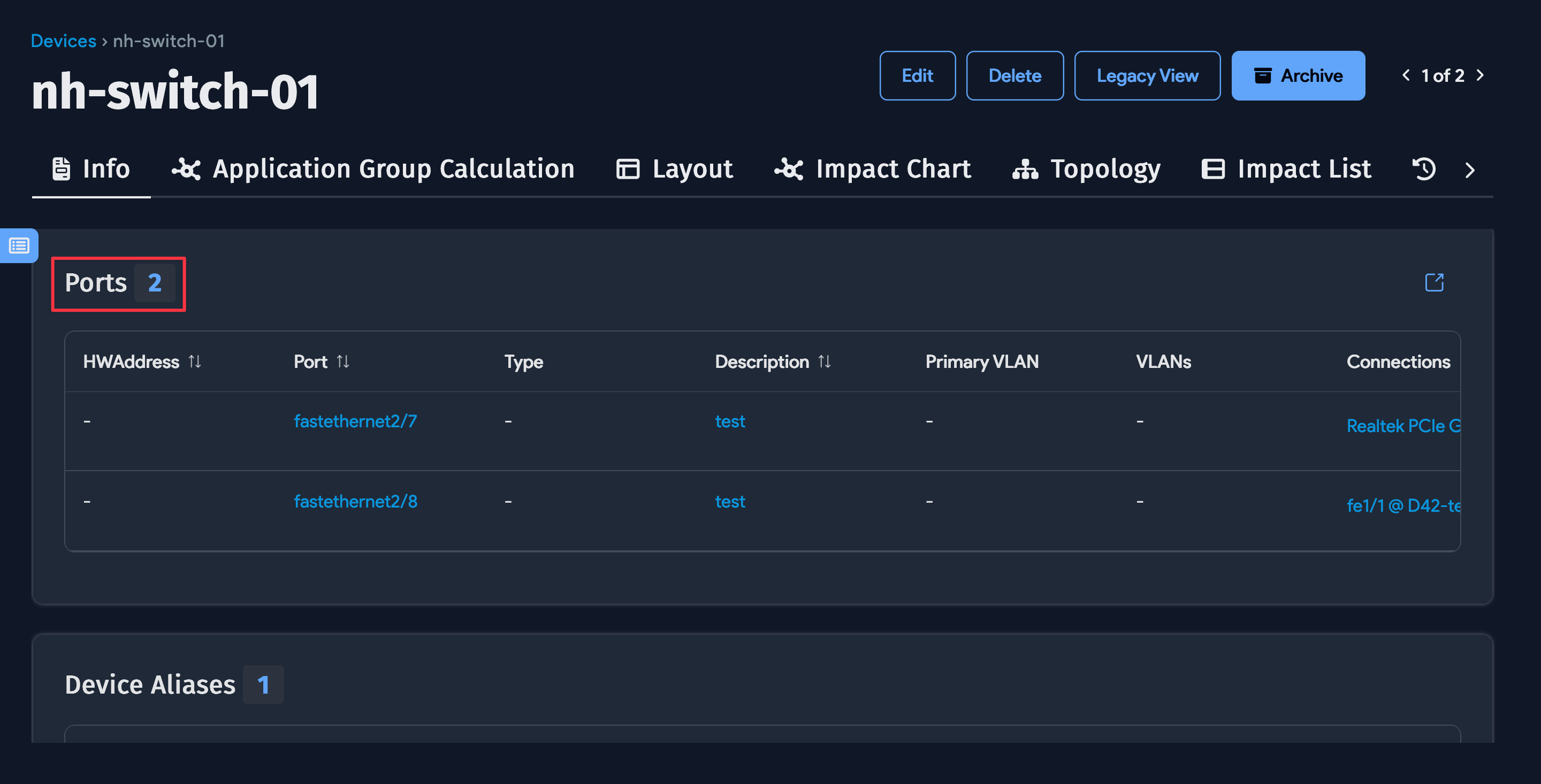 Switch Ports button on device page