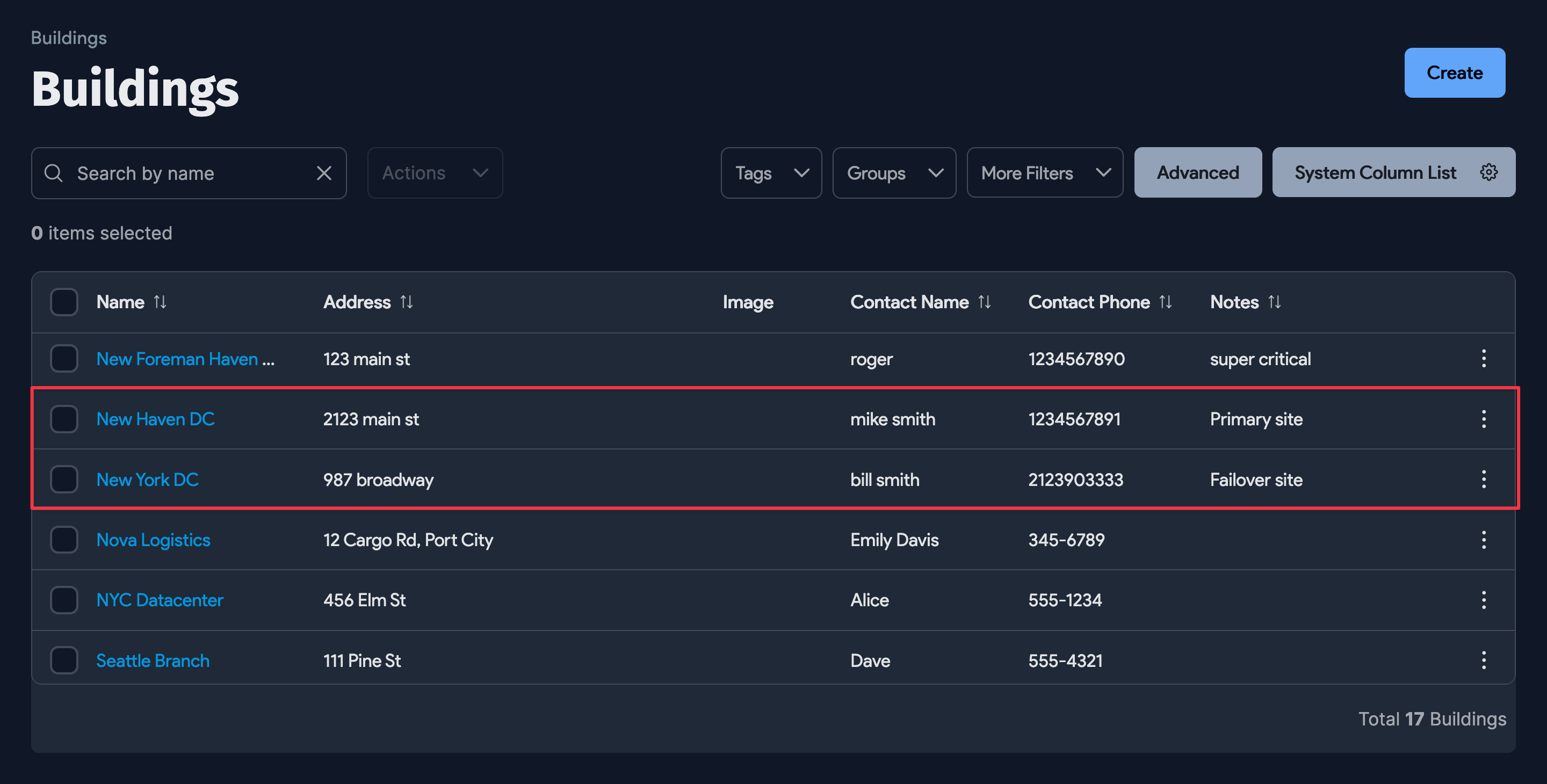 Buildings list page with new data