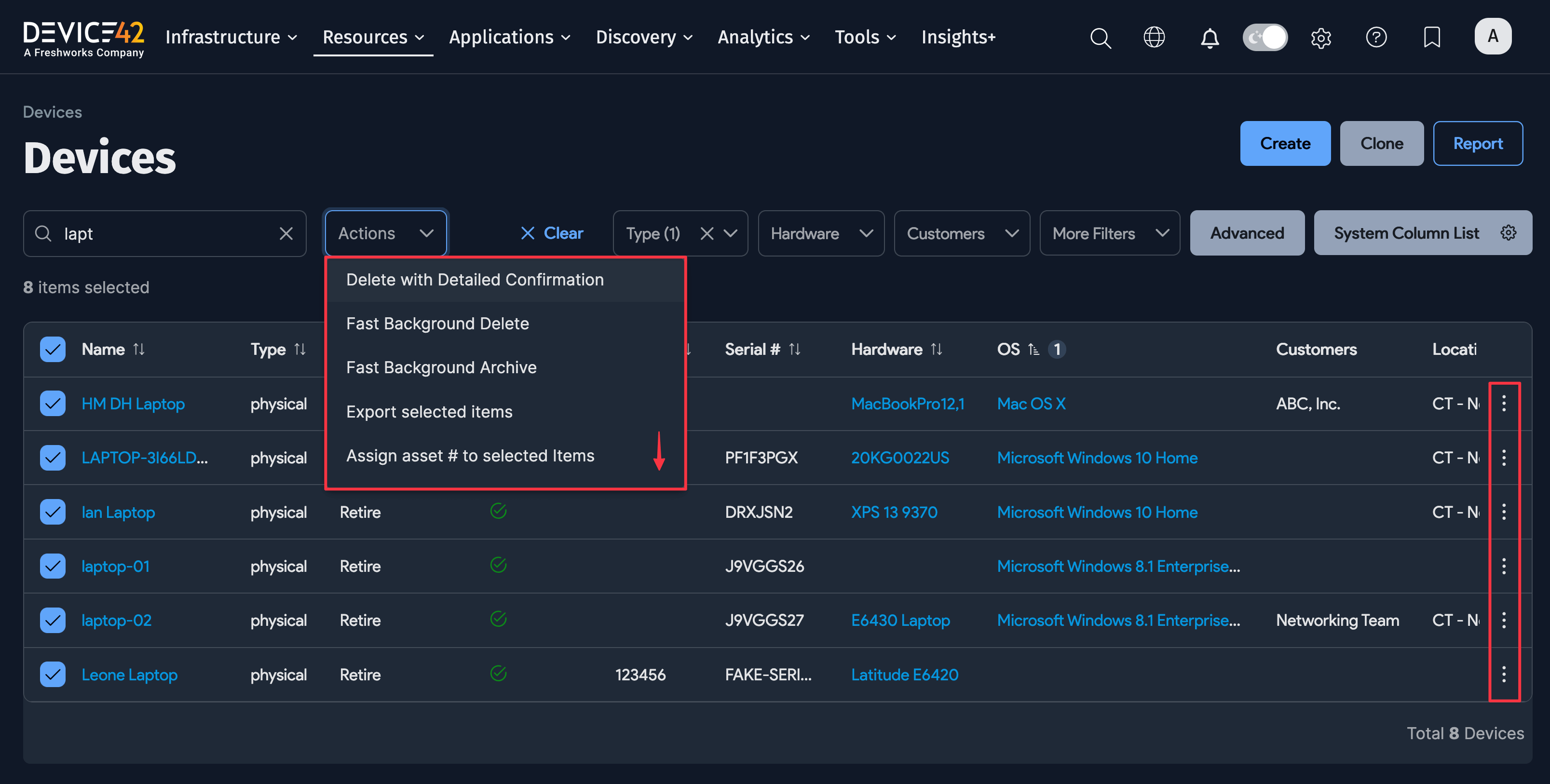 Bulk actions dropdown
