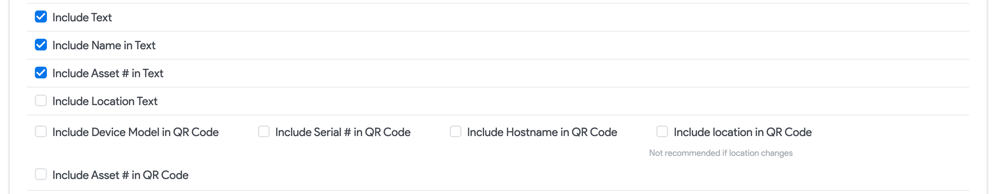 QR Code profile checkboxes