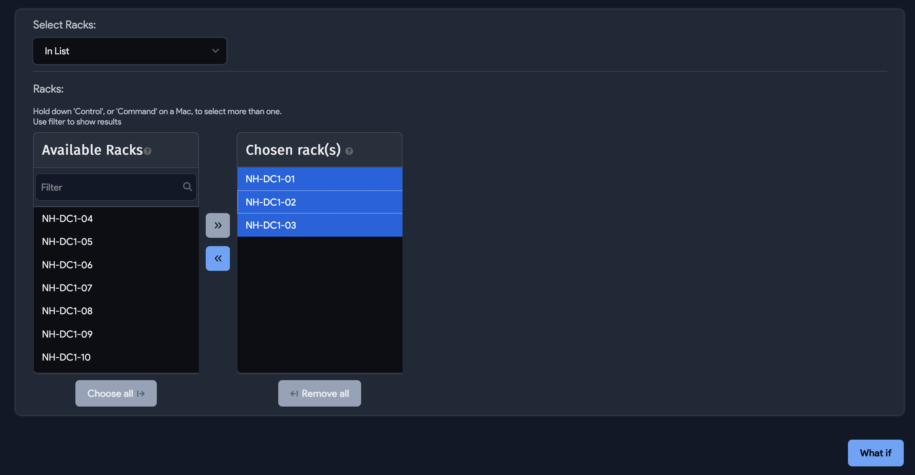 Available racks selection