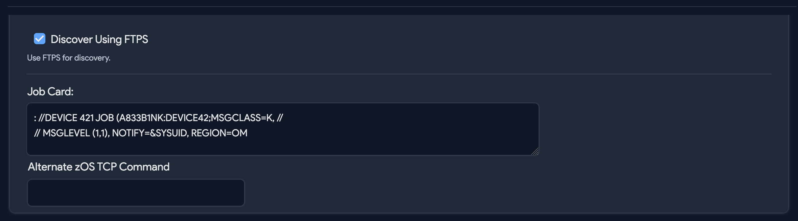 FTPS, Job Card, and command fields