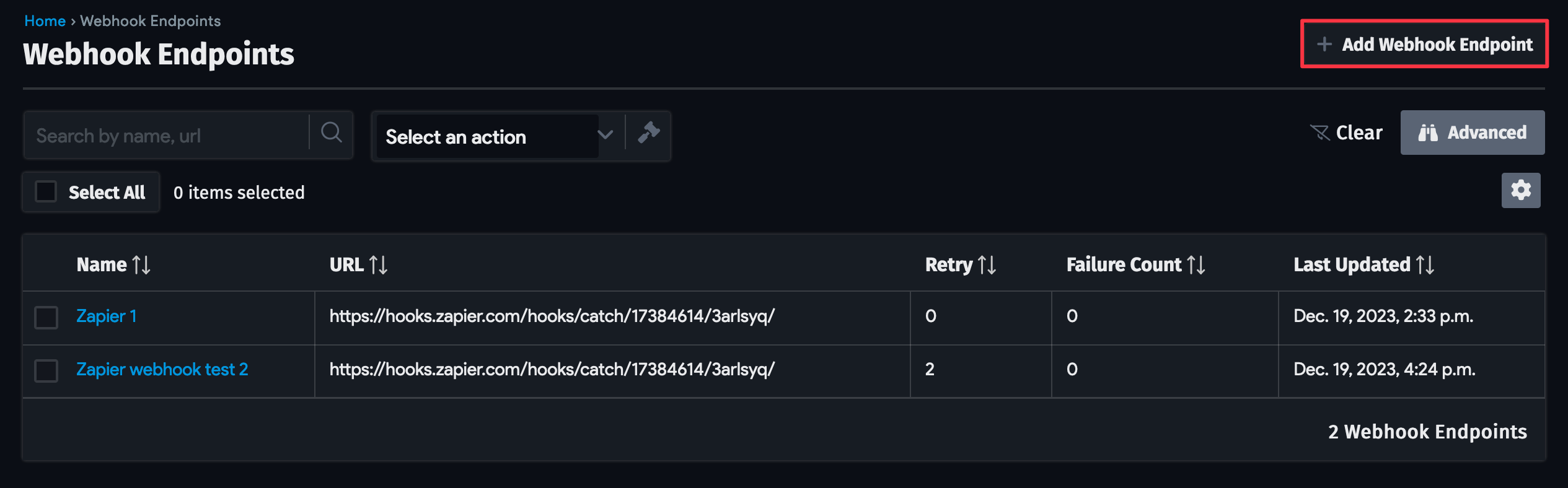 Webhook Endpoints list page